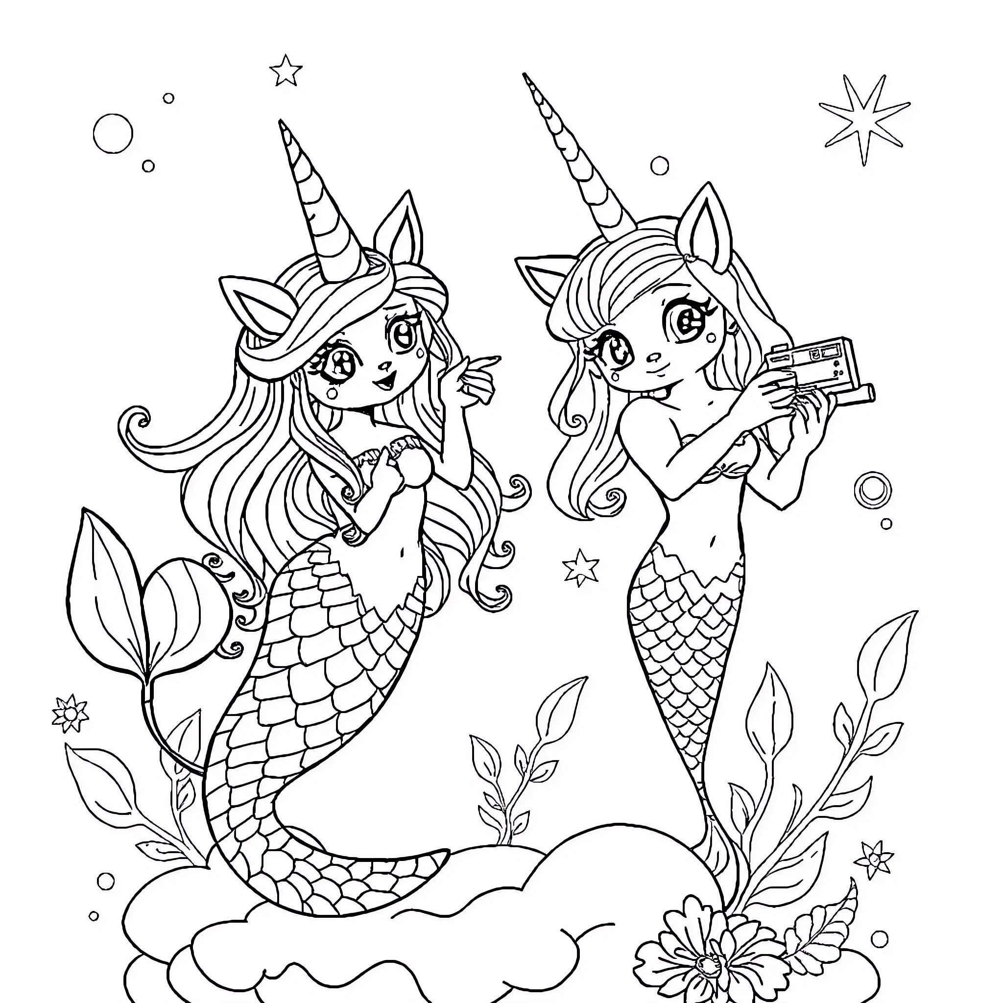 Mermaid friends exploring the underwater world Coloring Page (free black-and-white line drawing printable PDF for all, from beginners to advanced learners, including children, teens, adults, and seniors)
