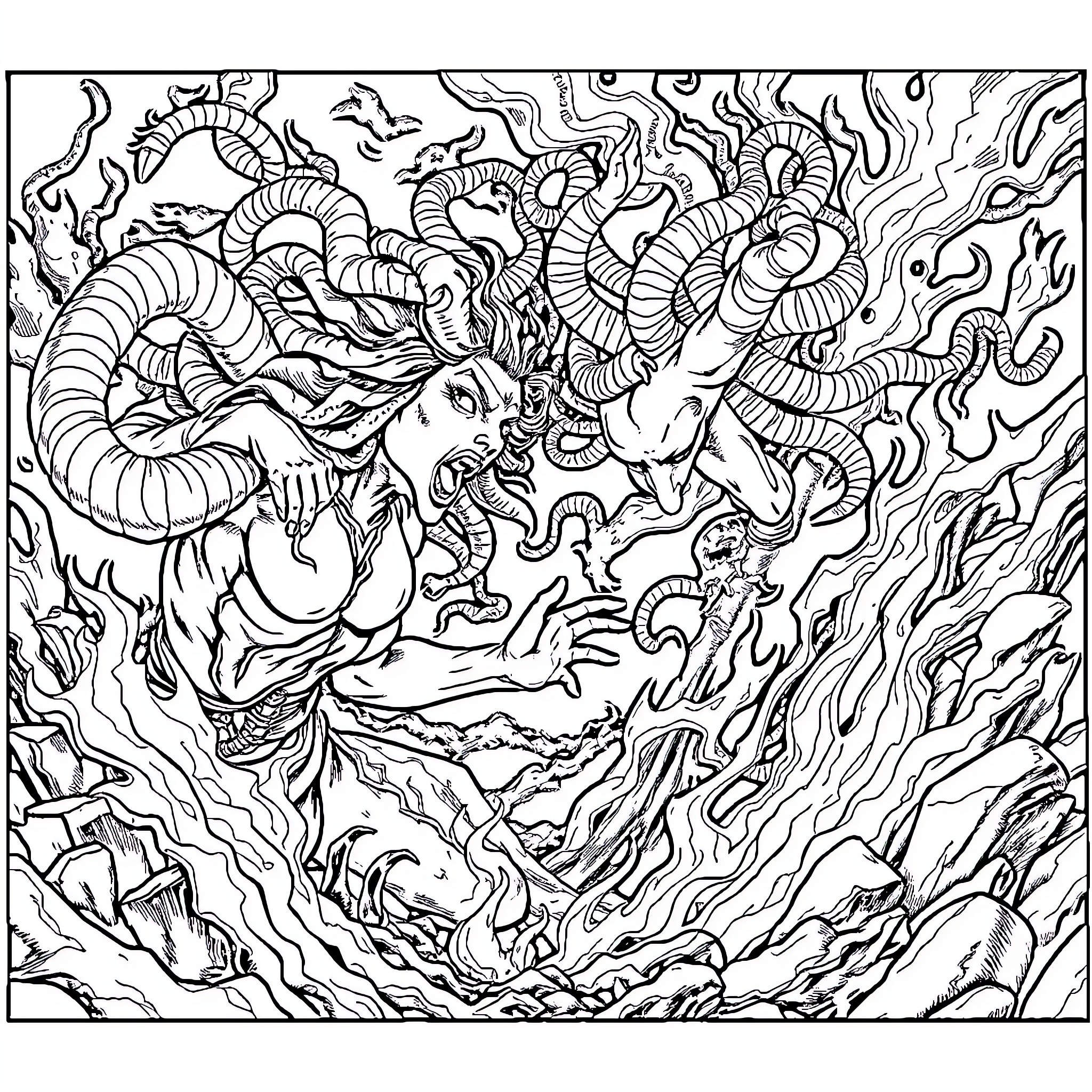 Medusa's Mythical Realm of Serpents Coloring Page (free black-and-white line drawing printable PDF for all, from beginners to advanced learners, including children, teens, adults, and seniors)