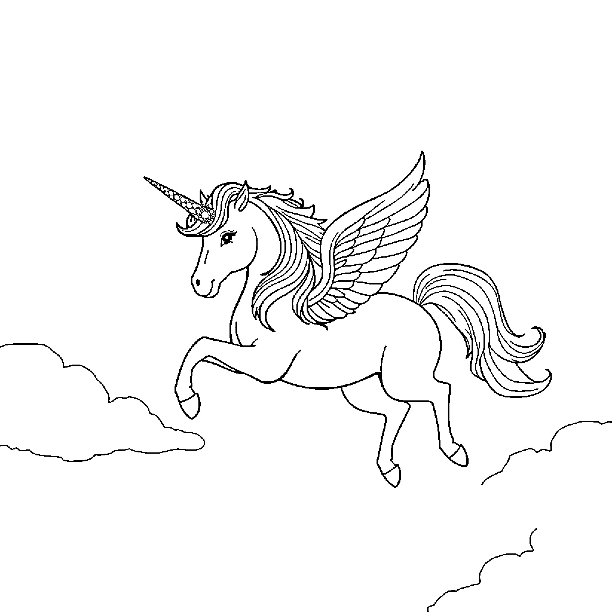 Unicorn soaring gracefully through the clouds Coloring Page (free black-and-white line drawing printable PDF for all, from beginners to advanced learners, including children, teens, adults, and seniors)