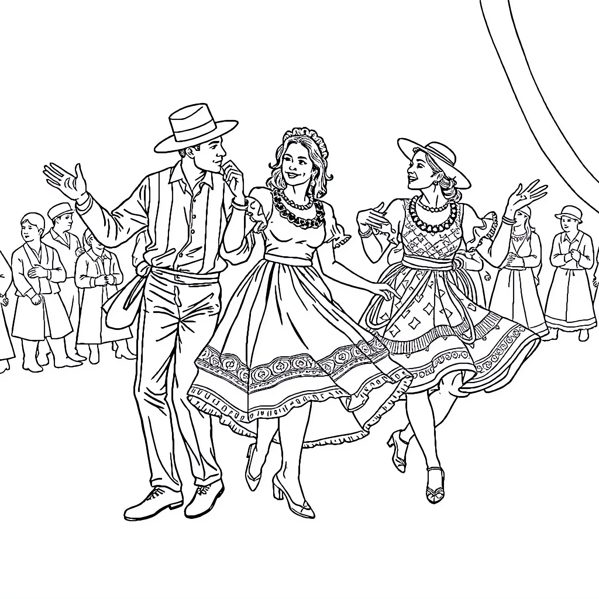 Dancer's traditional folk performance on stage Coloring Page (free black-and-white line drawing printable PDF for all, from beginners to advanced learners, including children, teens, adults, and seniors)