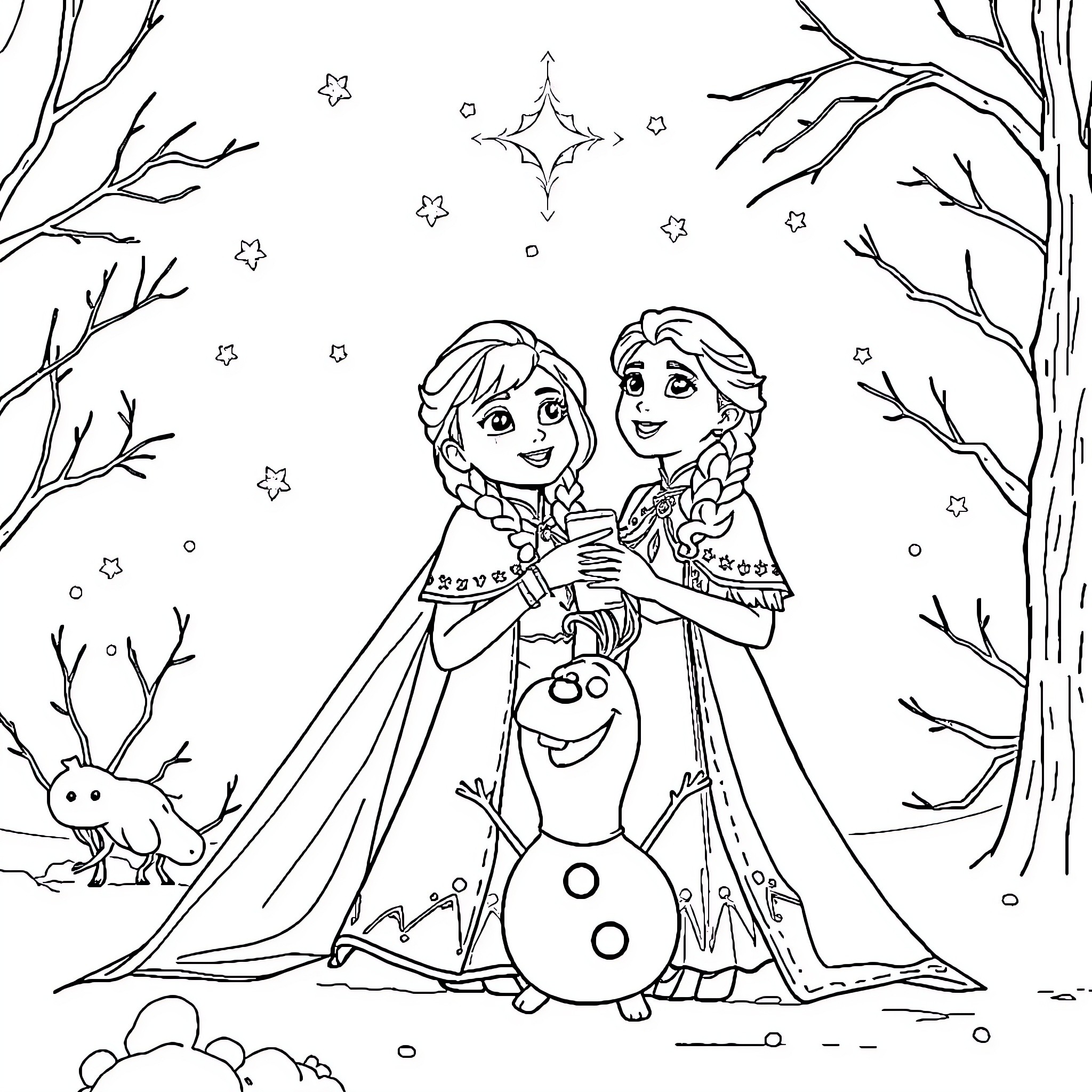 Frozen siblings and snowman in snowy forest Coloring Page (free black-and-white line drawing printable PDF for all, from beginners to advanced learners, including children, teens, adults, and seniors)