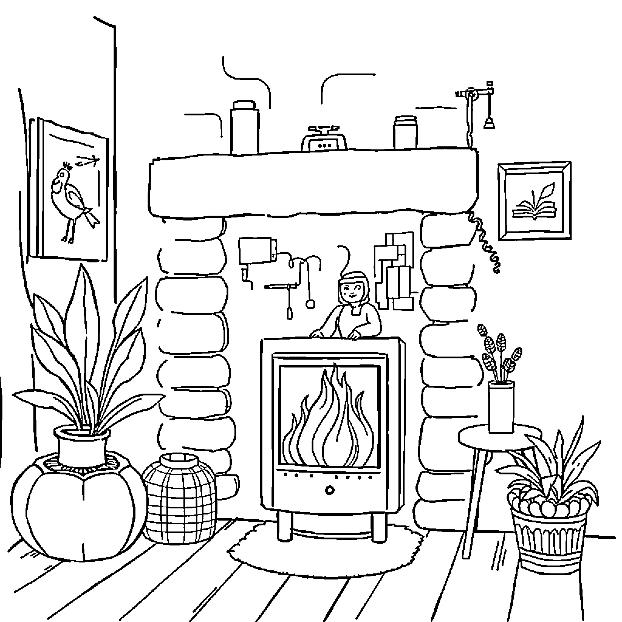 Gas Heater Warming a Cozy Living Space Coloring Page (free black-and-white line drawing printable PDF for all, from beginners to advanced learners, including children, teens, adults, and seniors)