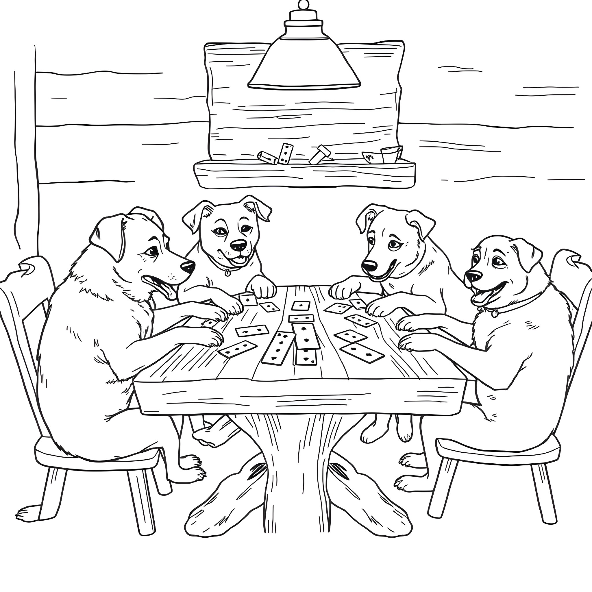Dogs playing a game at the table Coloring Page (free black-and-white line drawing printable PDF for all, from beginners to advanced learners, including children, teens, adults, and seniors)