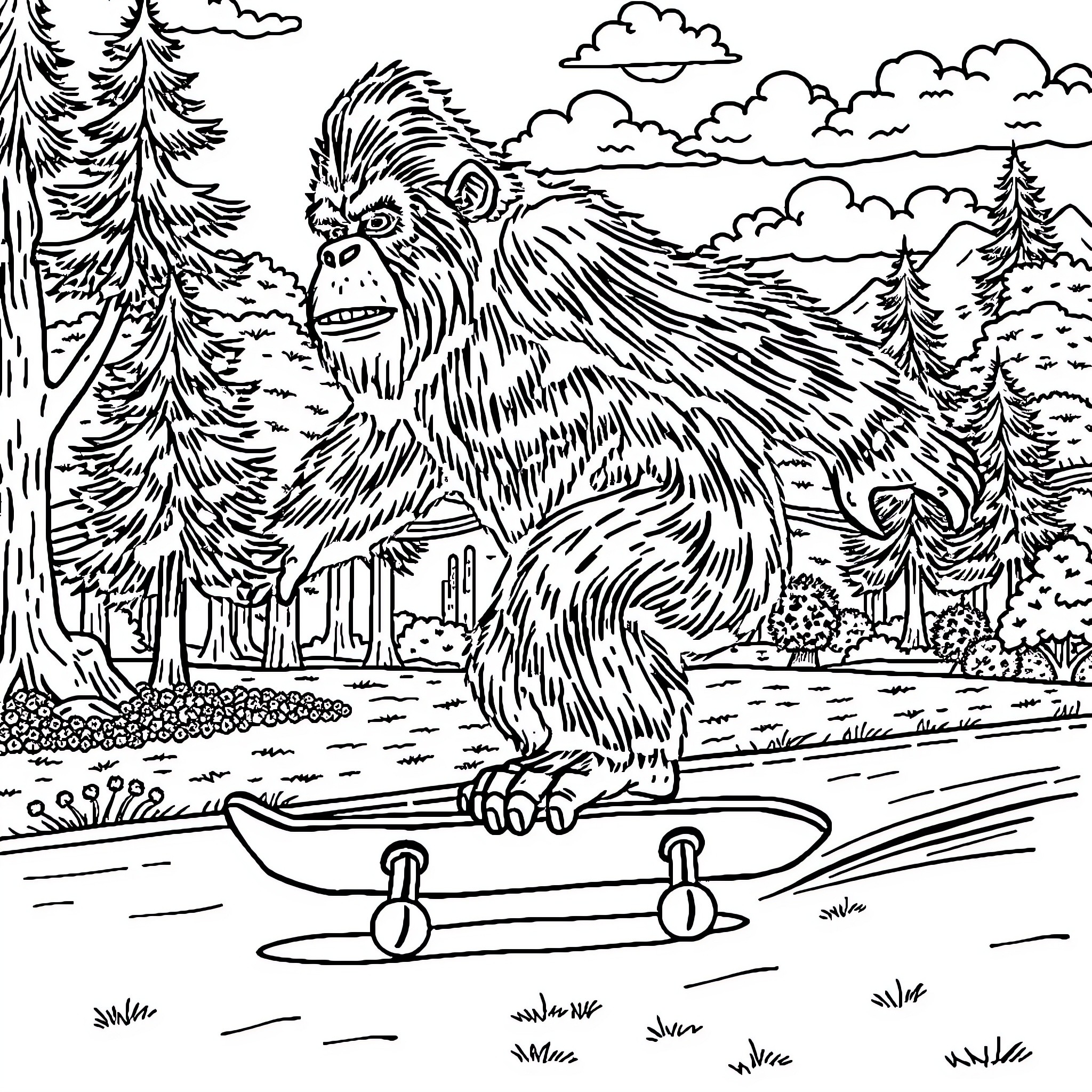 Bigfoot riding a skateboard in the woods Coloring Page (free black-and-white line drawing printable PDF for all, from beginners to advanced learners, including children, teens, adults, and seniors)