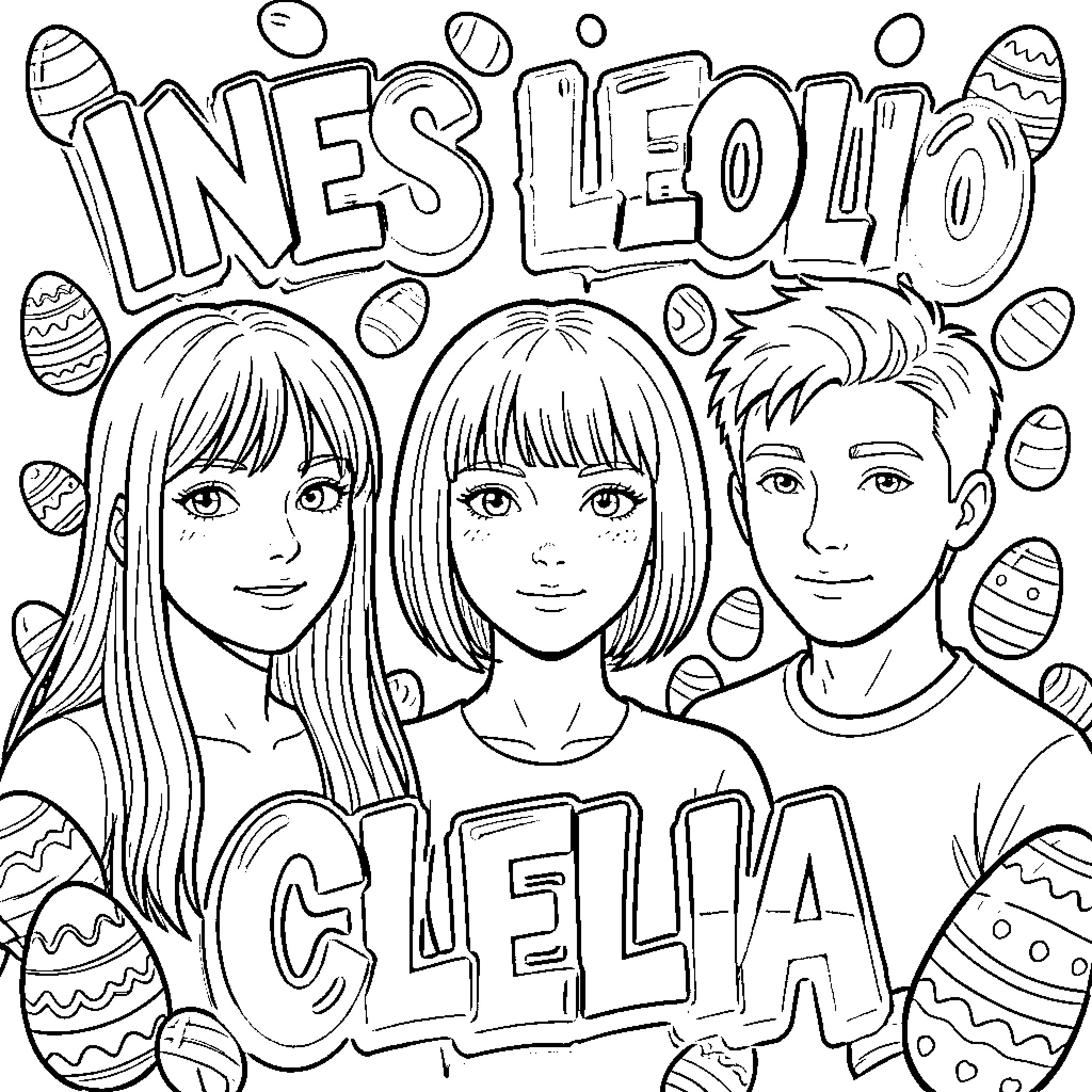 Graffiti characters posing with Easter decorations Coloring Page (free black-and-white line drawing printable PDF for all, from beginners to advanced learners, including children, teens, adults, and seniors)
