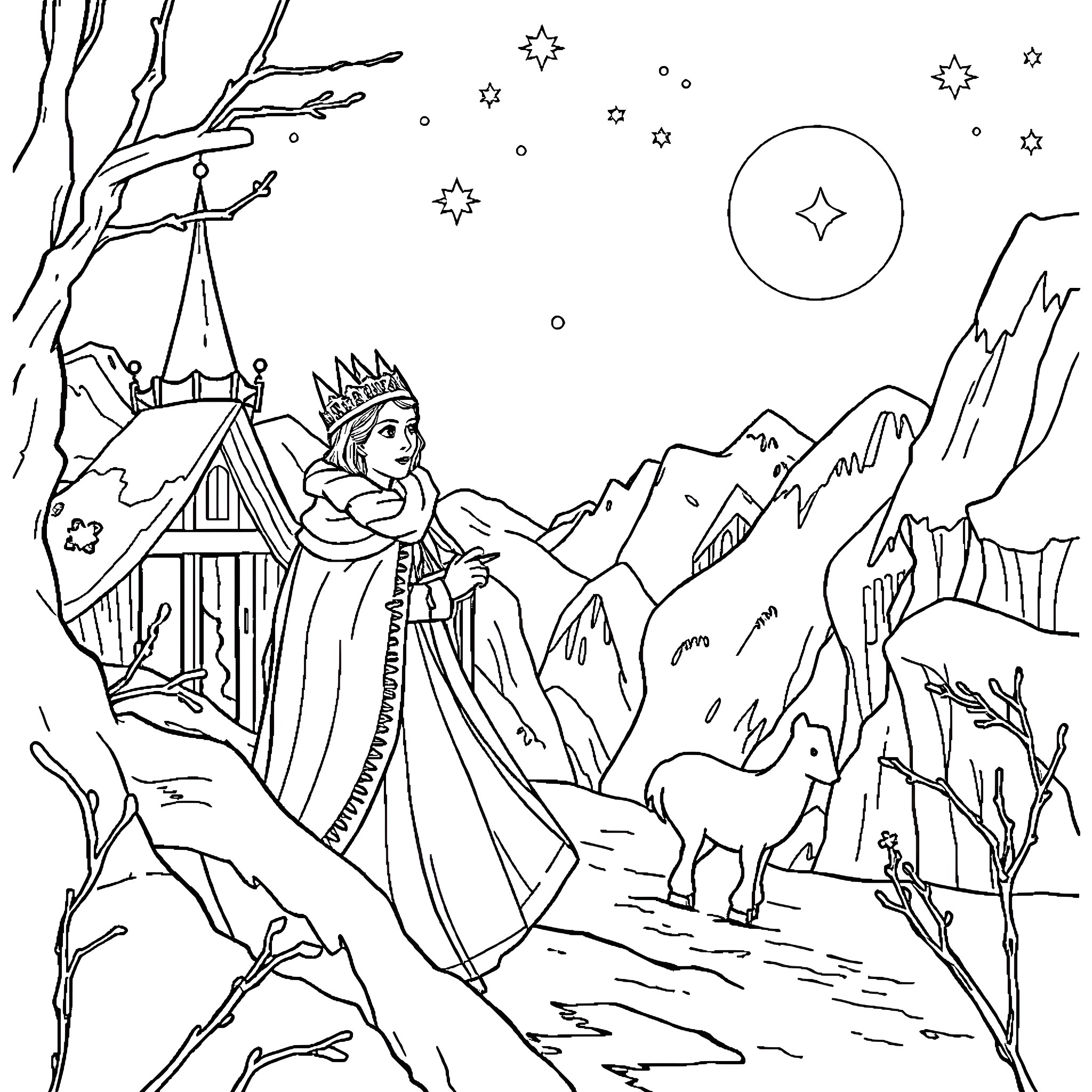 Queen gazing at the starry night sky in a winter wonderland Coloring Page (free black-and-white line drawing printable PDF for all, from beginners to advanced learners, including children, teens, adults, and seniors)