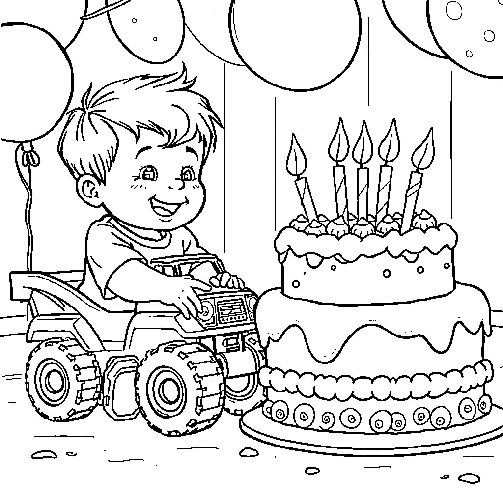 Boy Playing with Toys on Birthday Coloring Page (free black-and-white line drawing printable PDF for all, from beginners to advanced learners, including children, teens, adults, and seniors)