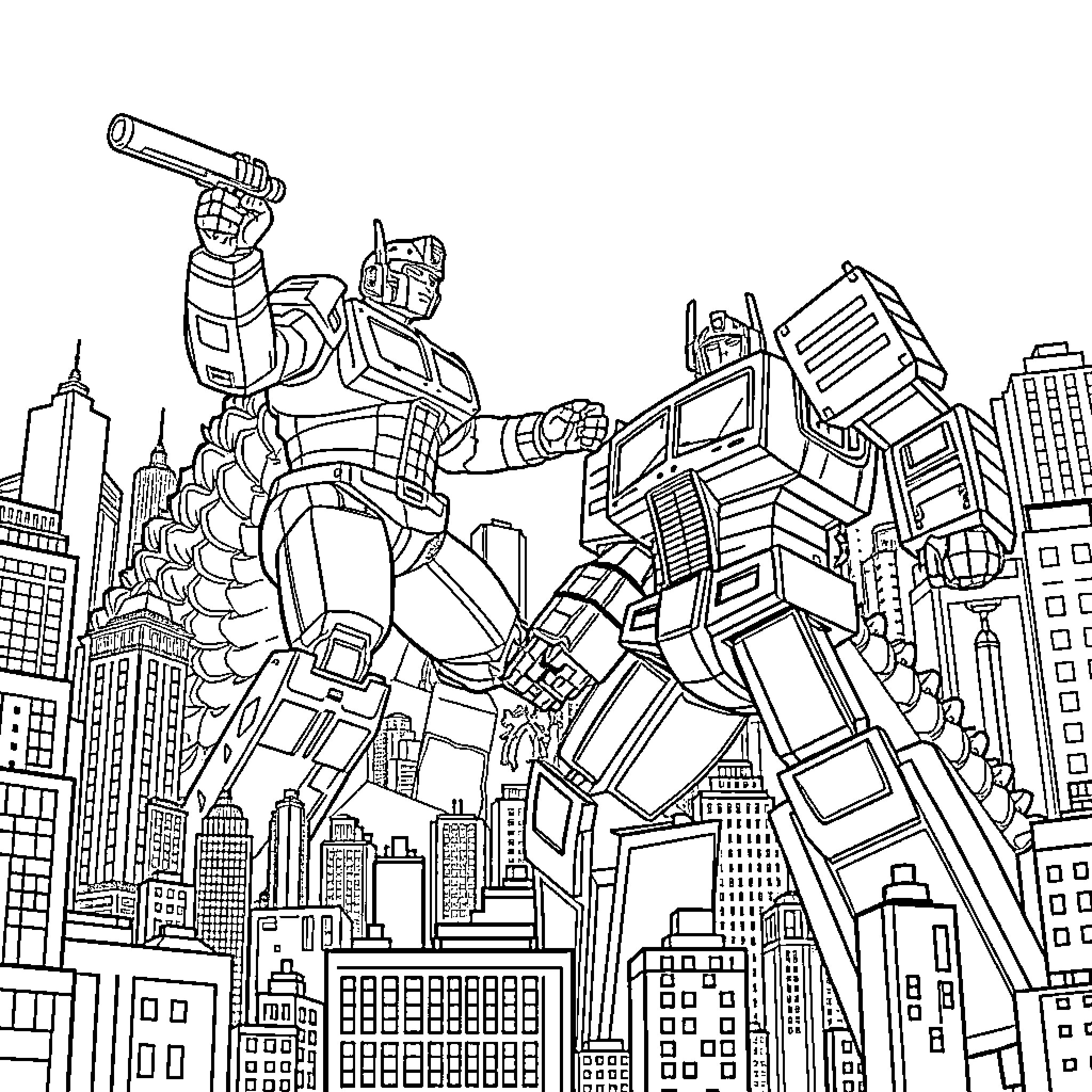 Optimus Prime battling in the city skyline Coloring Page (free black-and-white line drawing printable PDF for all, from beginners to advanced learners, including children, teens, adults, and seniors)