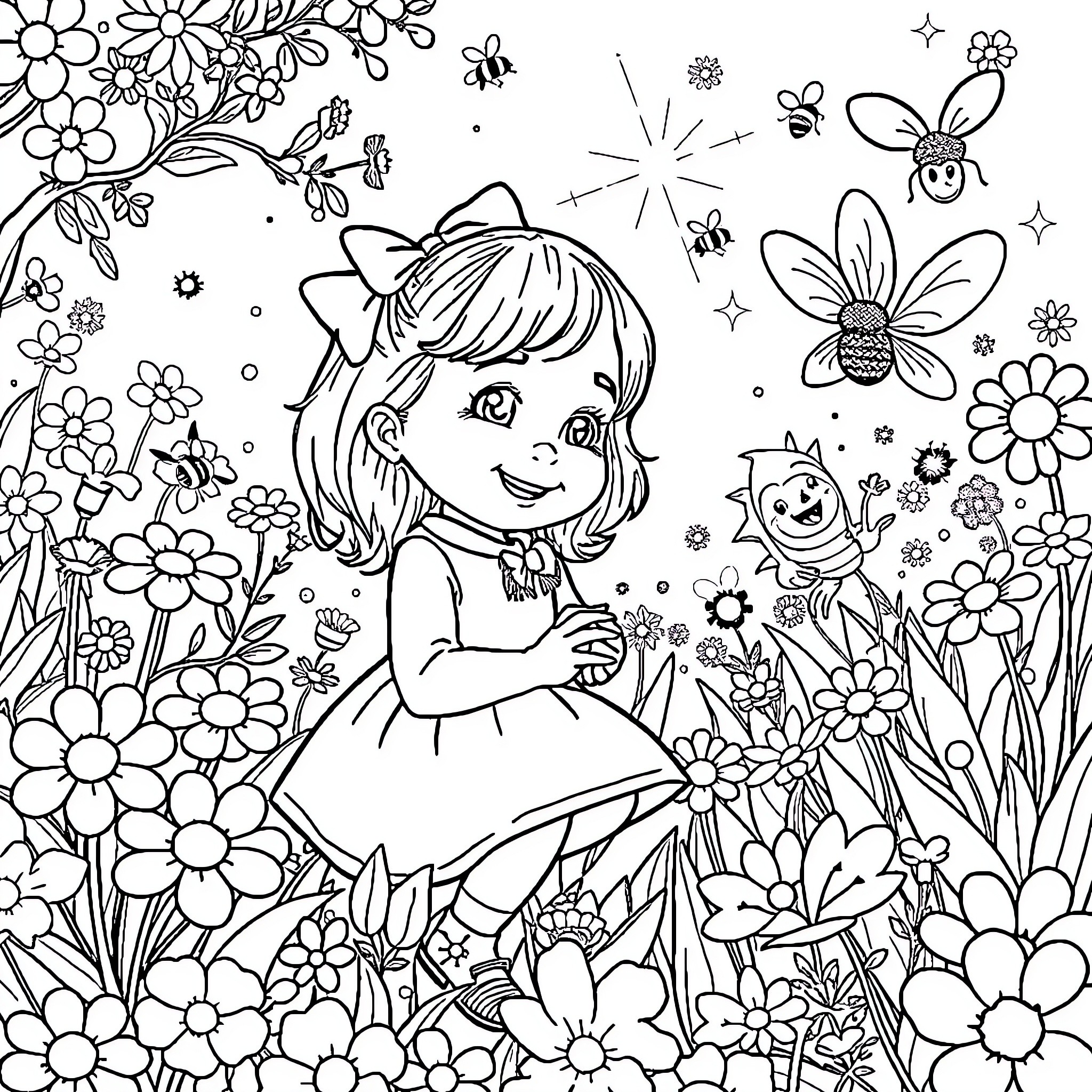 Masha's Whimsical Floral Adventure Coloring Page (free black-and-white line drawing printable PDF for all, from beginners to advanced learners, including children, teens, adults, and seniors)