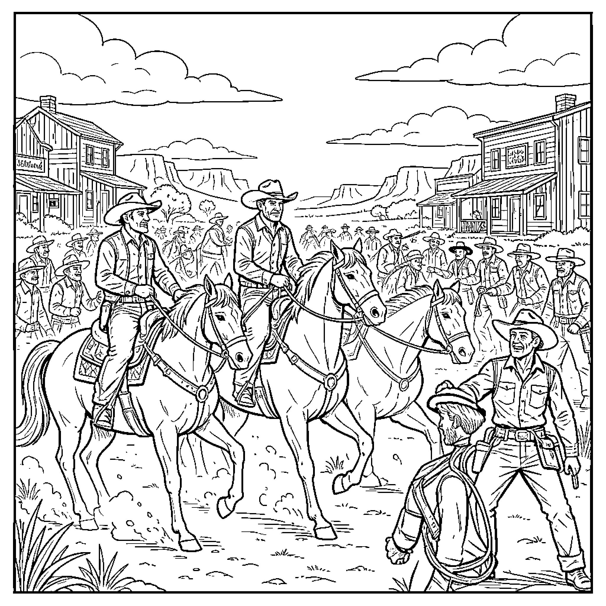 Red Dead Redemption cowboys riding horses through a town Coloring Page (free black-and-white line drawing printable PDF for all, from beginners to advanced learners, including children, teens, adults, and seniors)