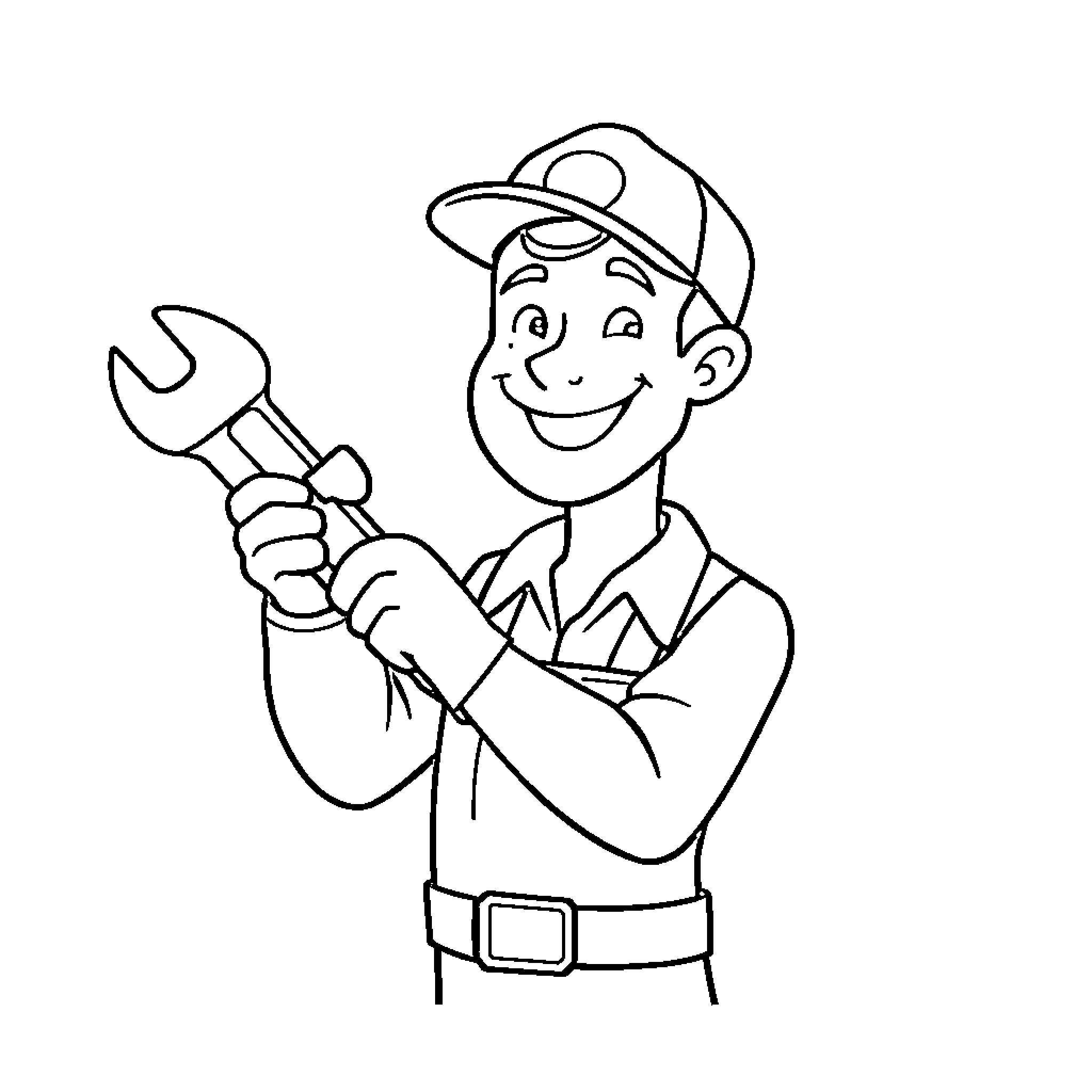 Plumber holding wrench with a friendly smile Coloring Page (free black-and-white line drawing printable PDF for all, from beginners to advanced learners, including children, teens, adults, and seniors)
