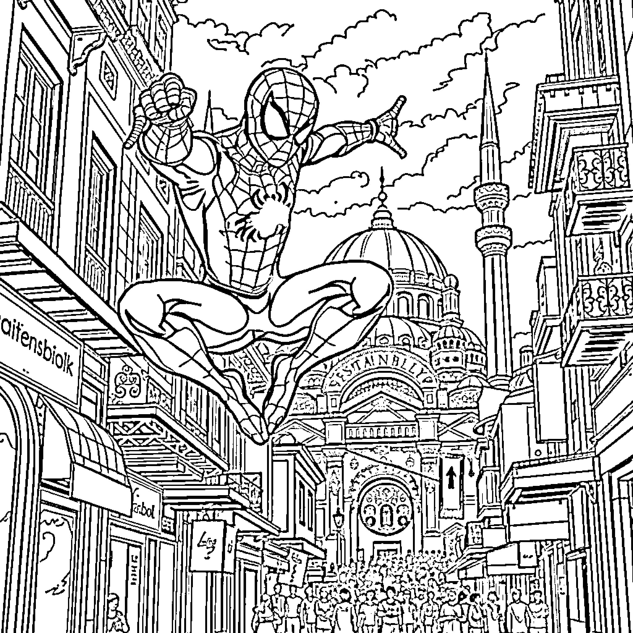 Spiderman swinging through a busy city street Coloring Page (free black-and-white line drawing printable PDF for all, from beginners to advanced learners, including children, teens, adults, and seniors)