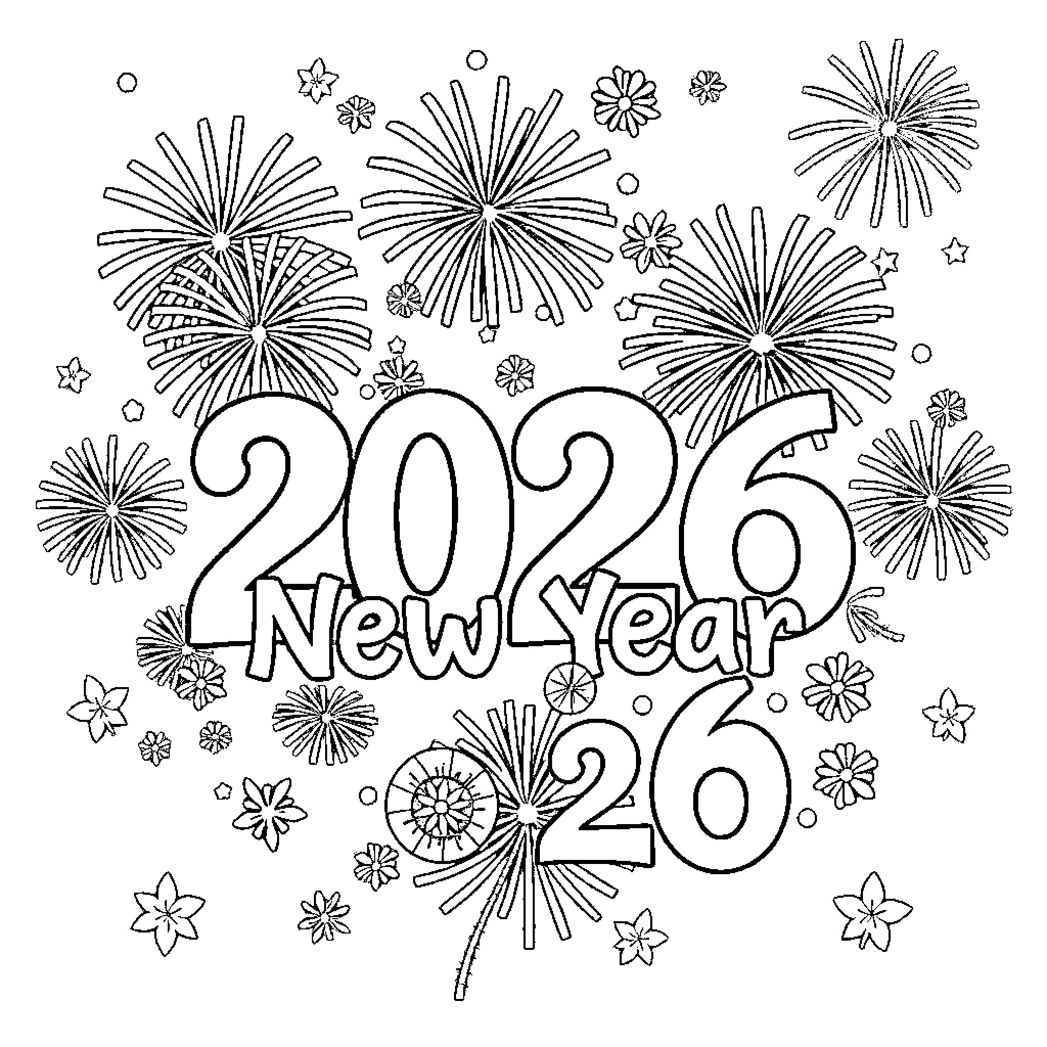 New Year Celebration with Fireworks and Flowers Coloring Page (free black-and-white line drawing printable PDF for all, from beginners to advanced learners, including children, teens, adults, and seniors)