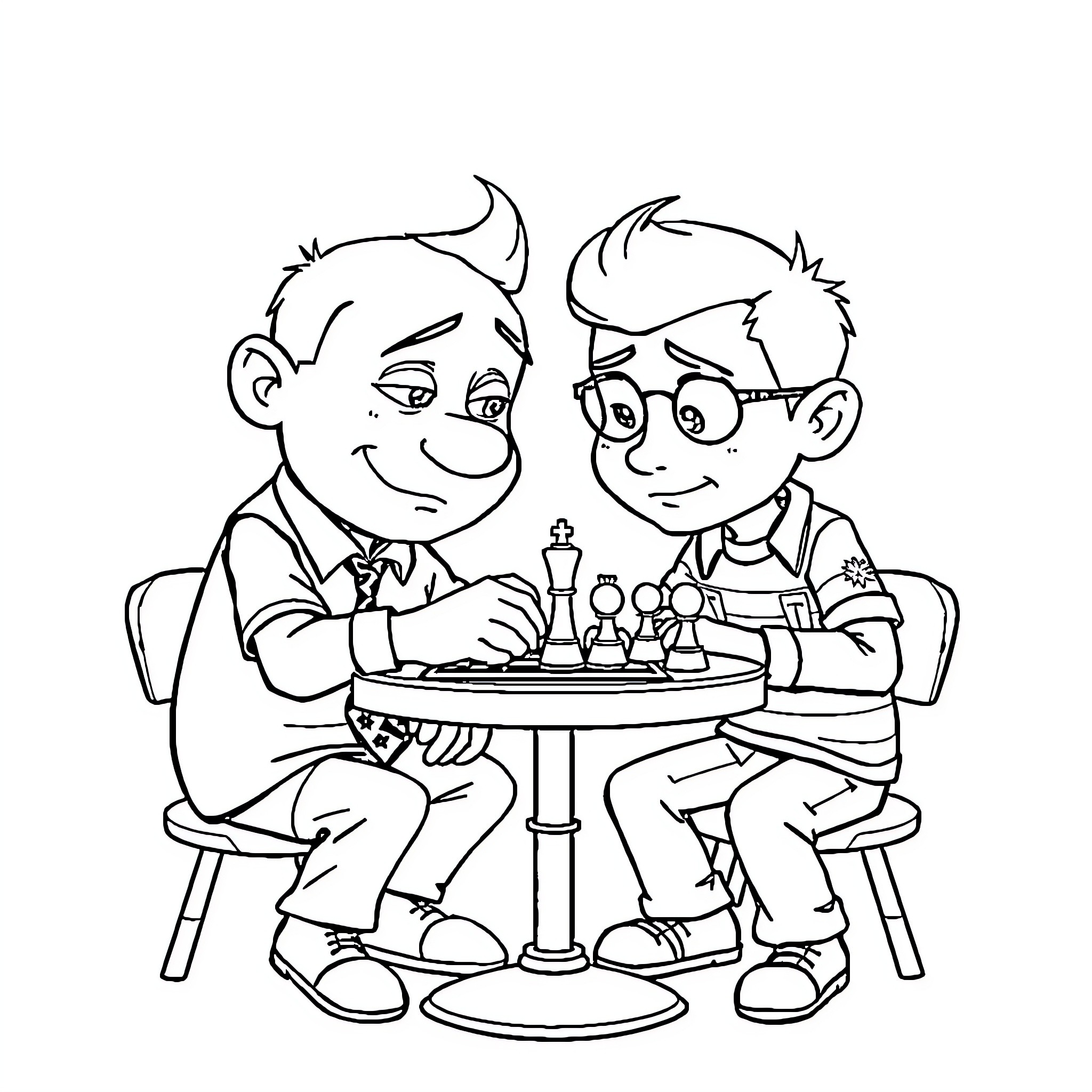 Gru and friend playing chess together Coloring Page (free black-and-white line drawing printable PDF for all, from beginners to advanced learners, including children, teens, adults, and seniors)