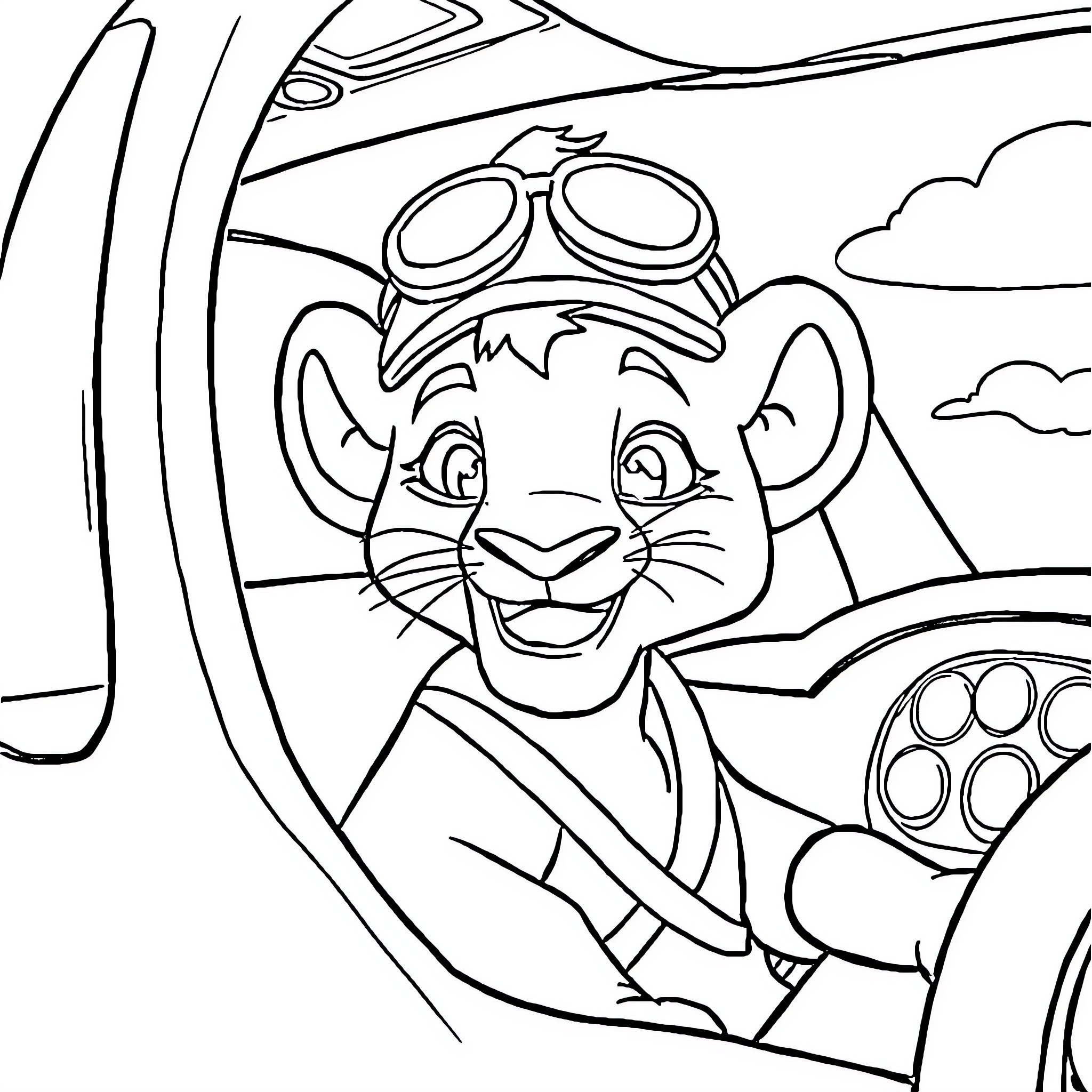 Simba's exciting airplane adventure Coloring Page (free black-and-white line drawing printable PDF for all, from beginners to advanced learners, including children, teens, adults, and seniors)