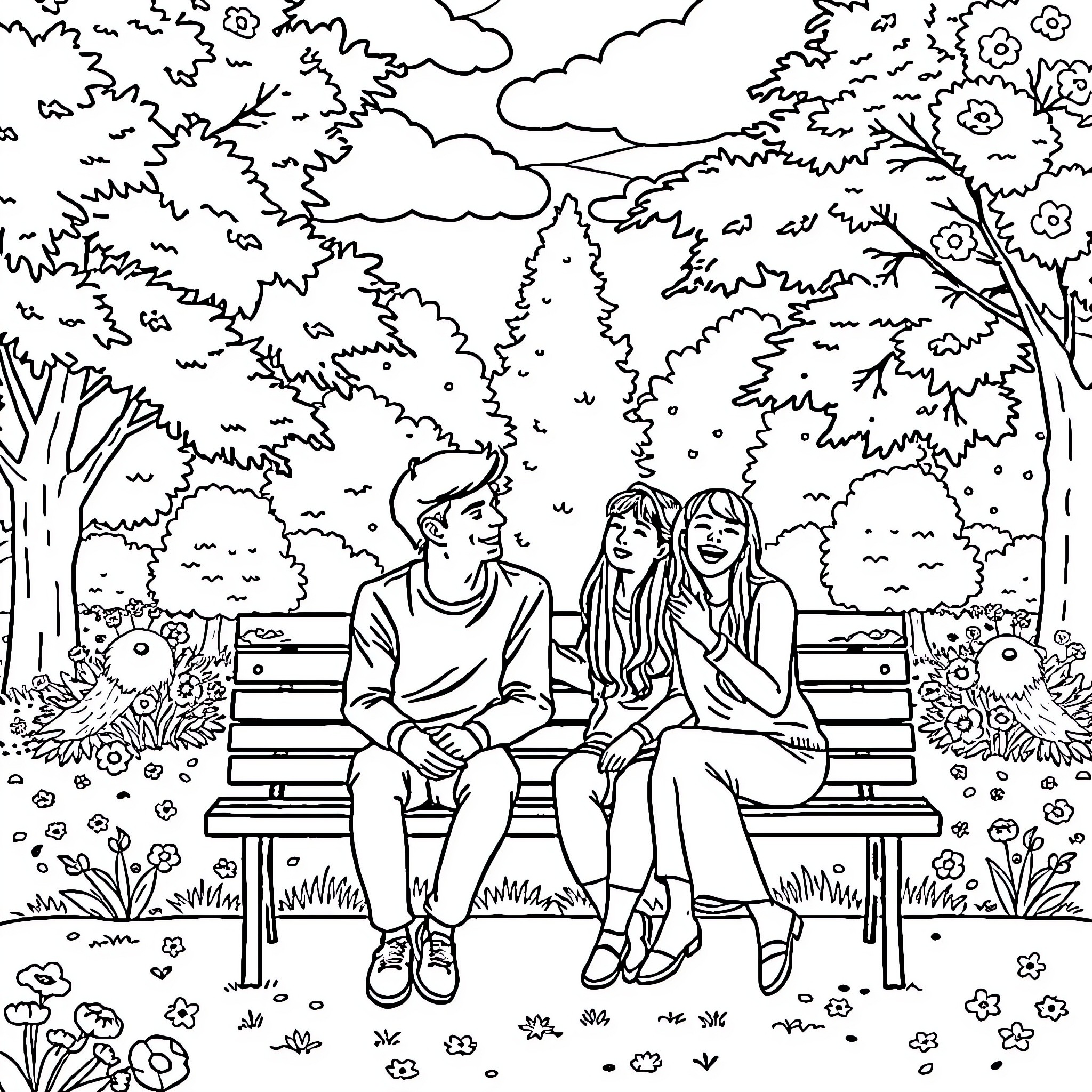 Emo Teens Enjoying Nature's Tranquility Coloring Page (free black-and-white line drawing printable PDF for all, from beginners to advanced learners, including children, teens, adults, and seniors)