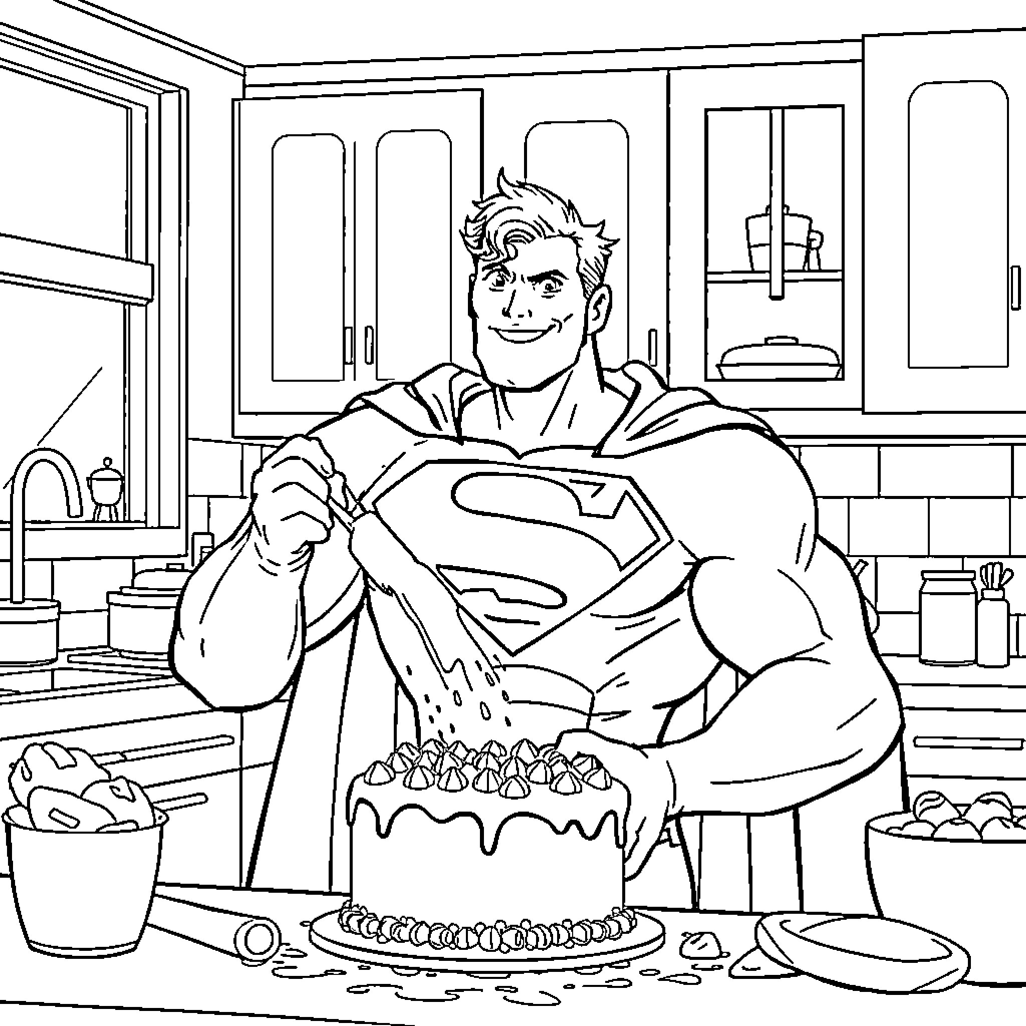 Superman preparing a birthday cake in the kitchen Coloring Page (free black-and-white line drawing printable PDF for all, from beginners to advanced learners, including children, teens, adults, and seniors)