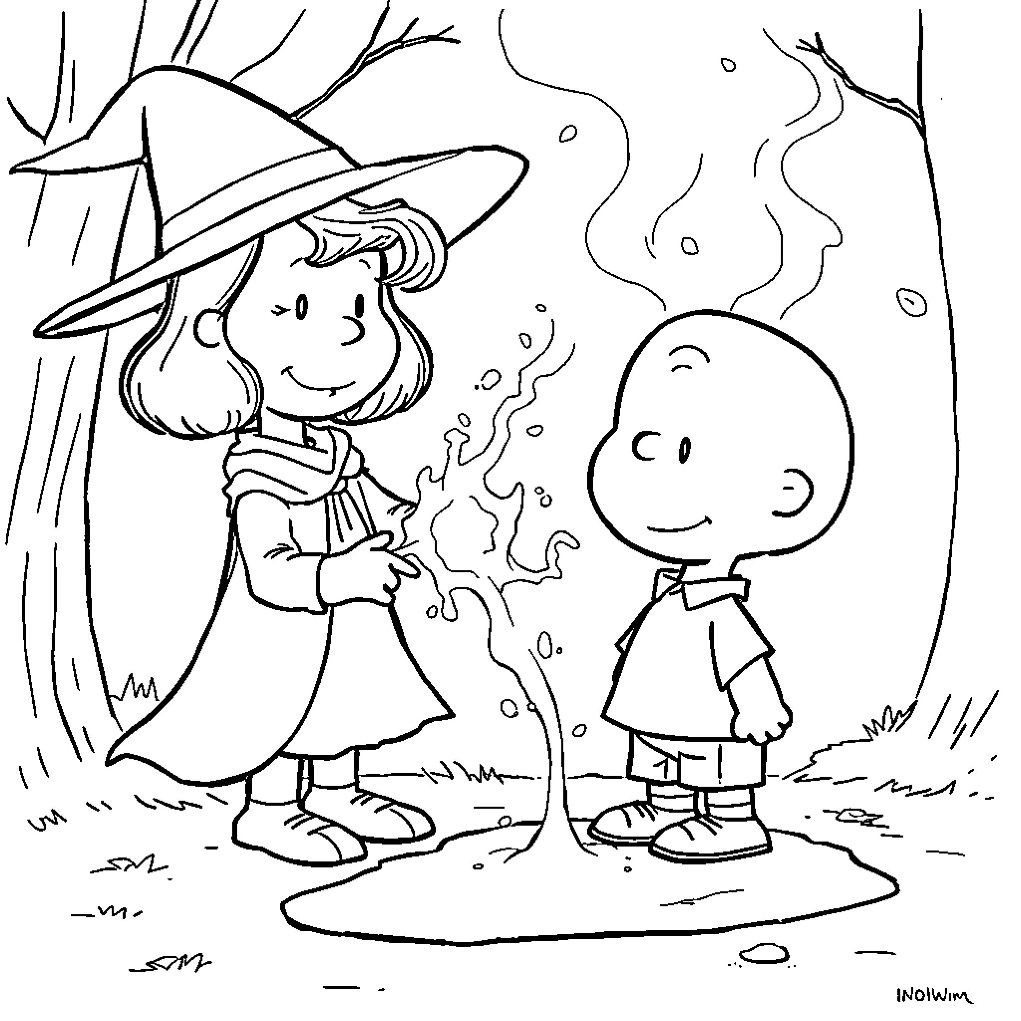 Scarlett Witch and friend enjoying the outdoors Coloring Page (free black-and-white line drawing printable PDF for all, from beginners to advanced learners, including children, teens, adults, and seniors)