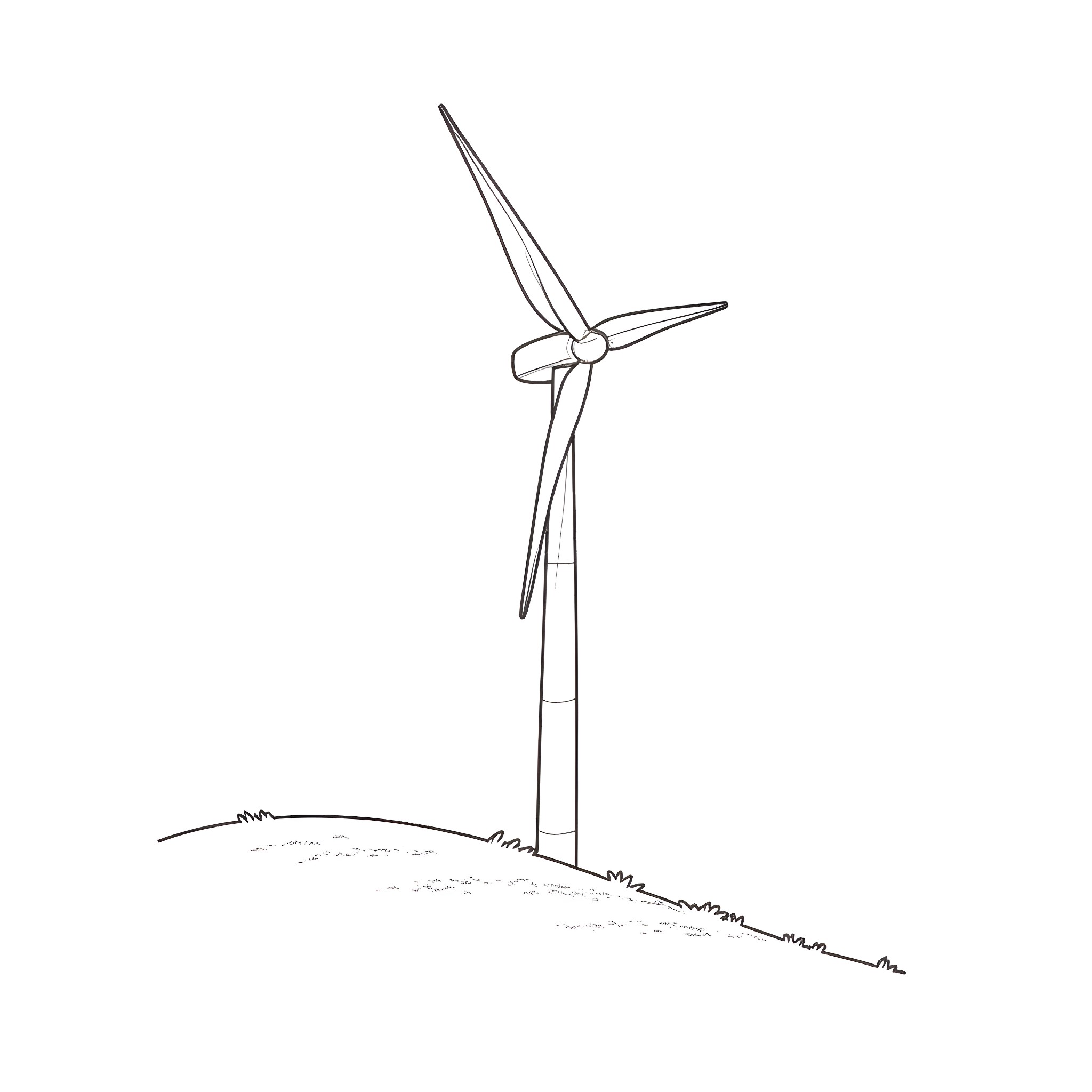 Wind Turbine on a Grassy Hill Coloring Page (free black-and-white line drawing printable PDF for all, from beginners to advanced learners, including children, teens, adults, and seniors)