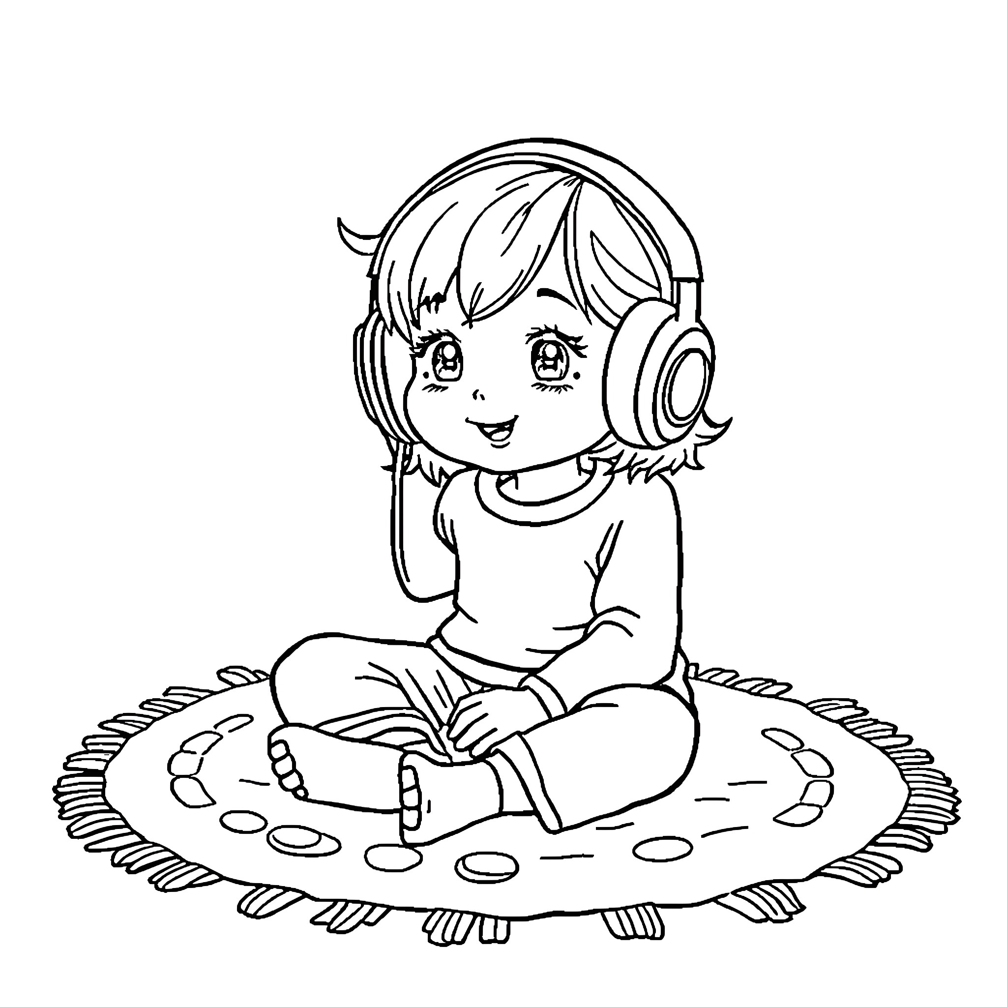 Girl listens to music with headphones on rug Coloring Page (free black-and-white line drawing printable PDF for all, from beginners to advanced learners, including children, teens, adults, and seniors)