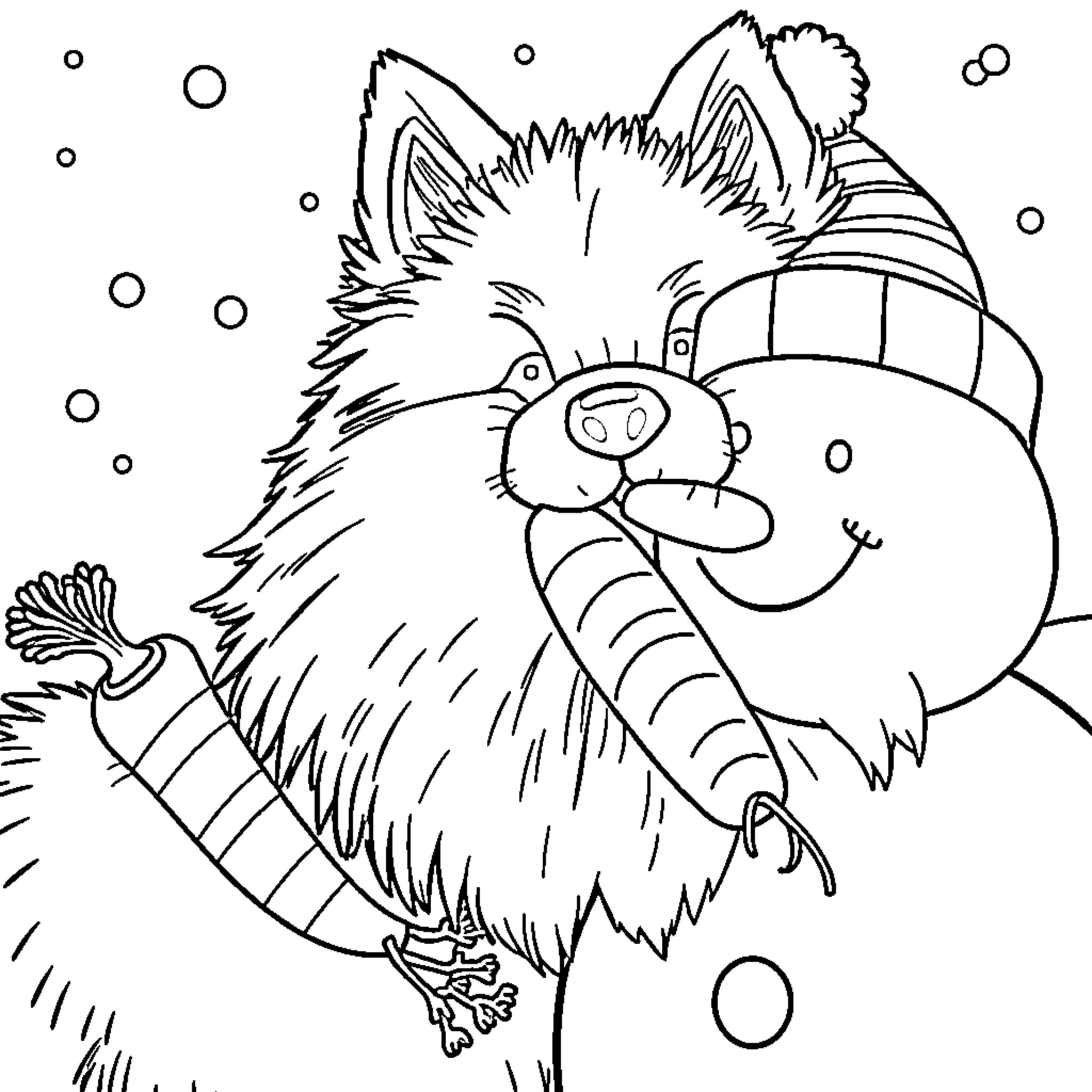 Samoyed dog playing in the snow with a scarf Coloring Page (free black-and-white line drawing printable PDF for all, from beginners to advanced learners, including children, teens, adults, and seniors)
