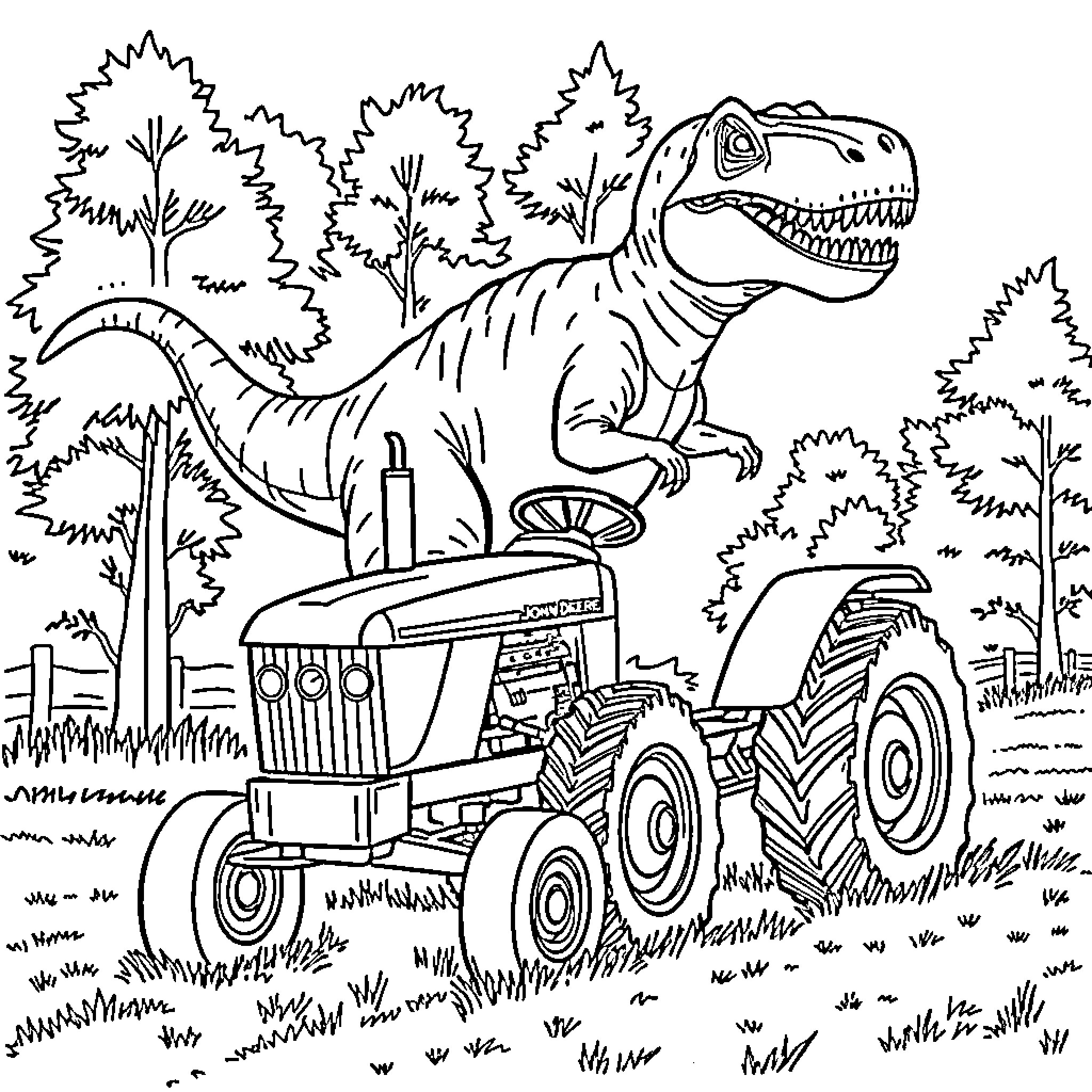 T-Rex riding a tractor in the forest Coloring Page (free black-and-white line drawing printable PDF for all, from beginners to advanced learners, including children, teens, adults, and seniors)