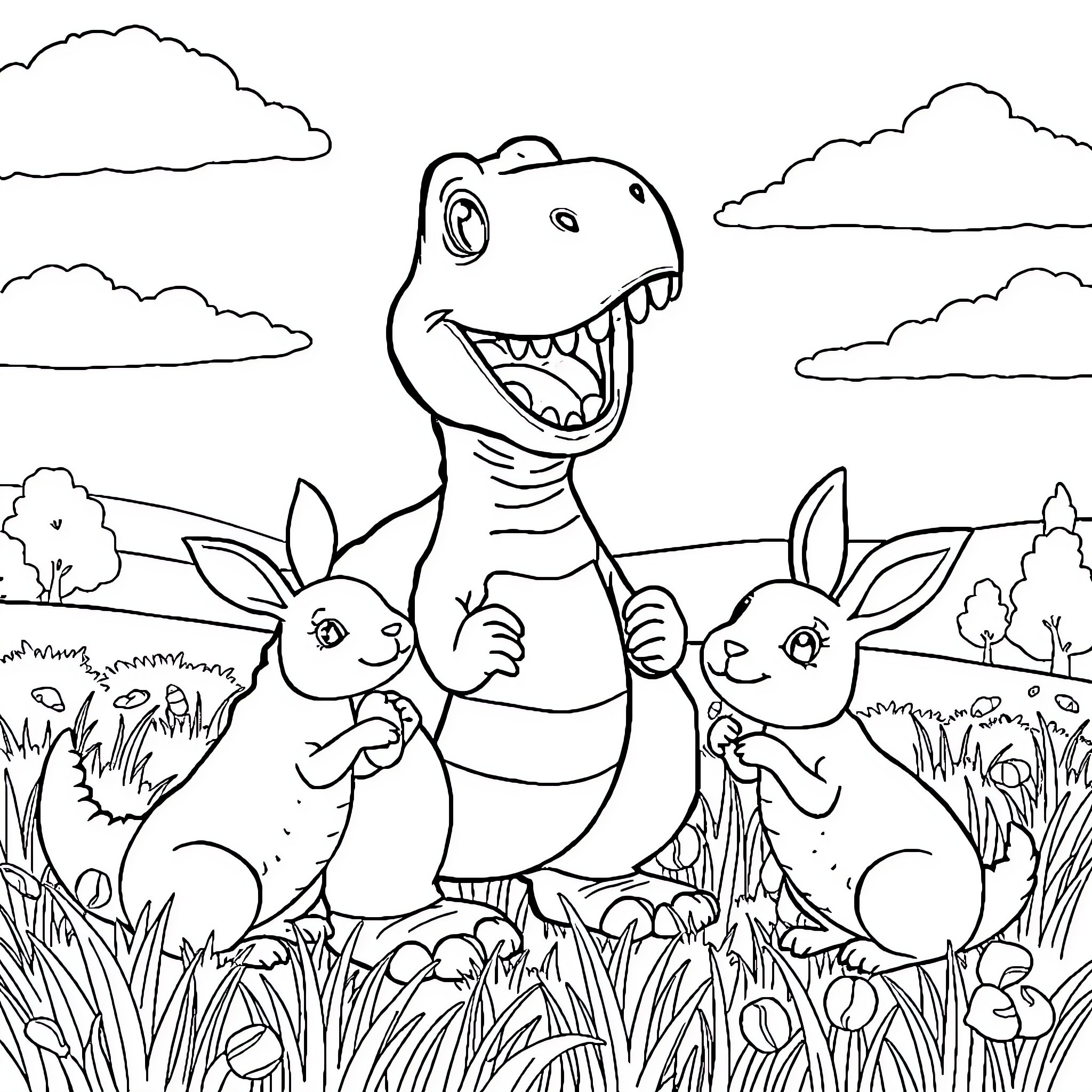 T-Rex playing with rabbits in the meadow Coloring Page (free black-and-white line drawing printable PDF for all, from beginners to advanced learners, including children, teens, adults, and seniors)