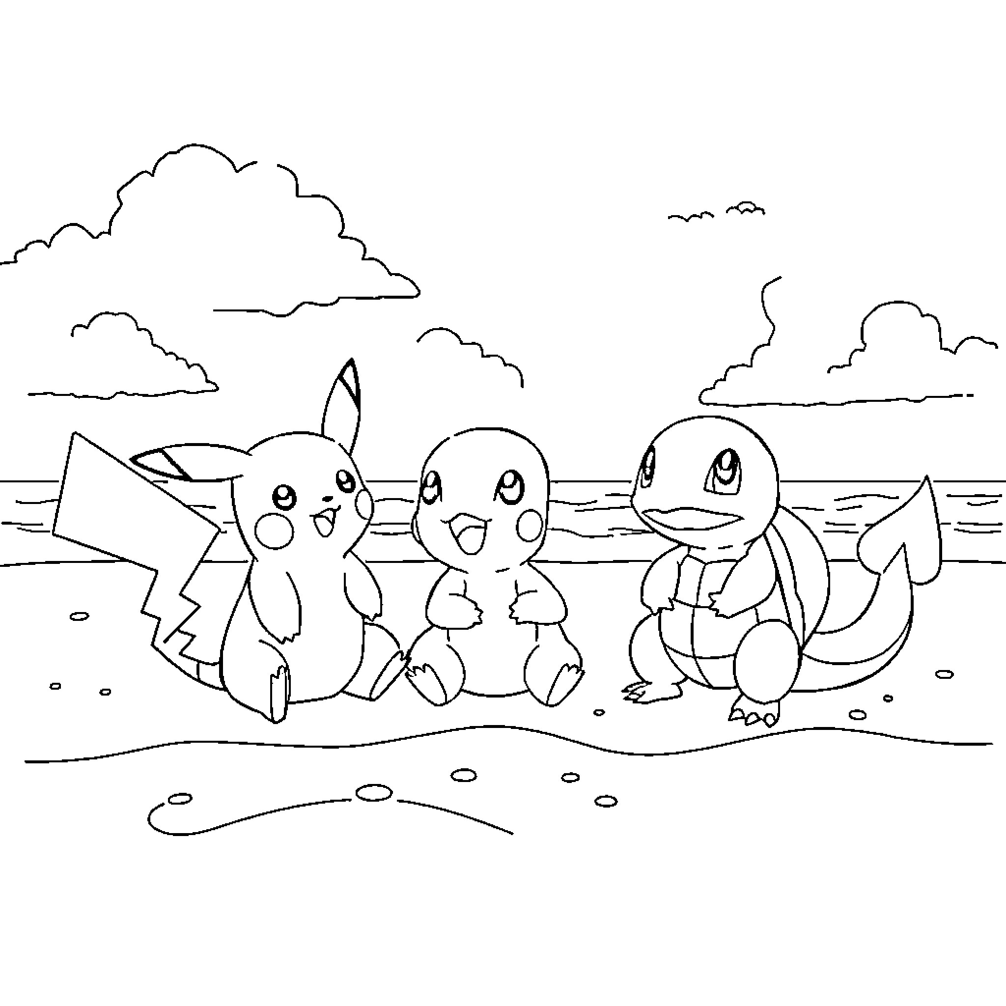 Pokémon characters playing together on the beach Coloring Page (free black-and-white line drawing printable PDF for all, from beginners to advanced learners, including children, teens, adults, and seniors)