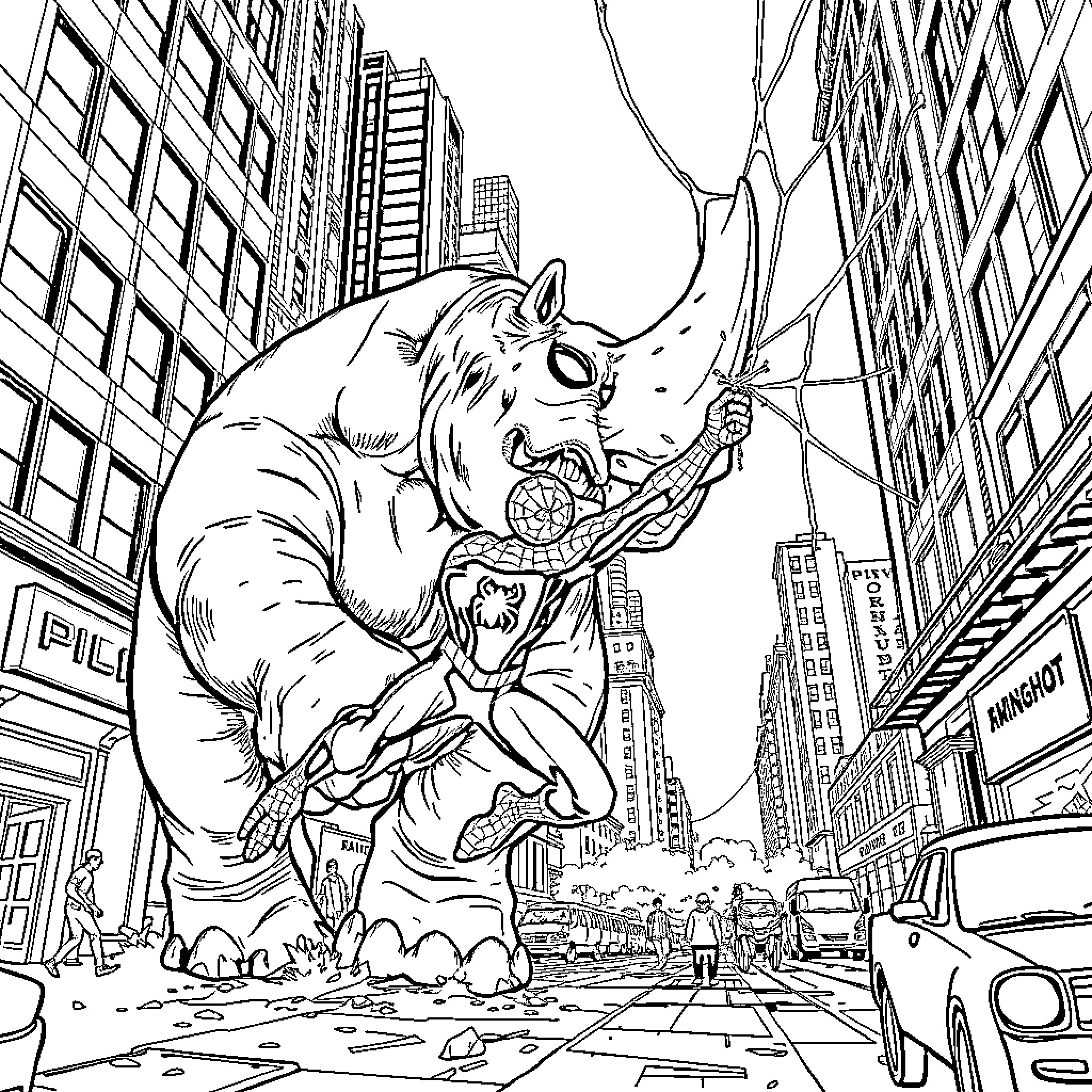 Spiderman battles a giant mutant rhino in the city Coloring Page (free black-and-white line drawing printable PDF for all, from beginners to advanced learners, including children, teens, adults, and seniors)