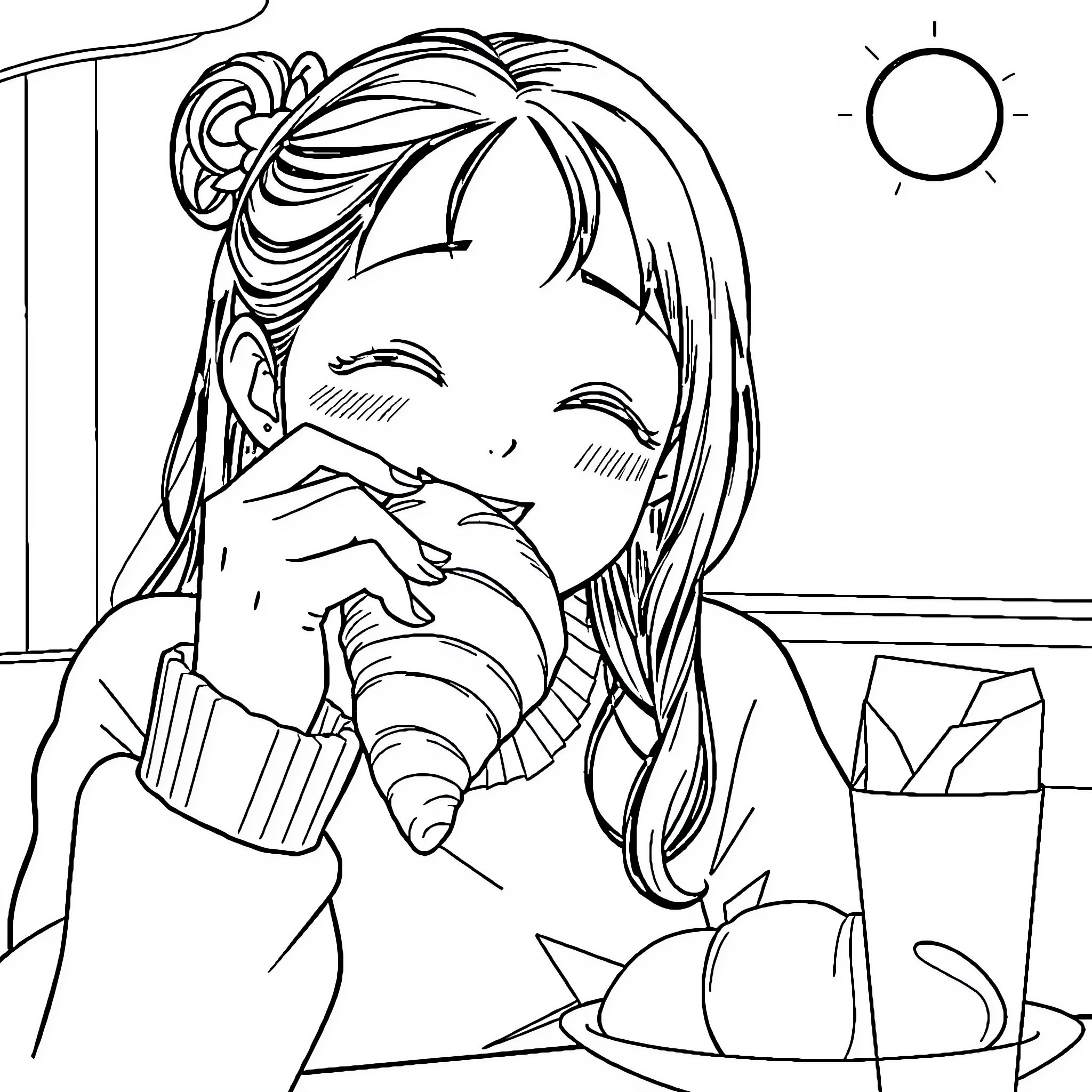 Nezuko enjoying a snack in a cozy setting Coloring Page (free black-and-white line drawing printable PDF for all, from beginners to advanced learners, including children, teens, adults, and seniors)