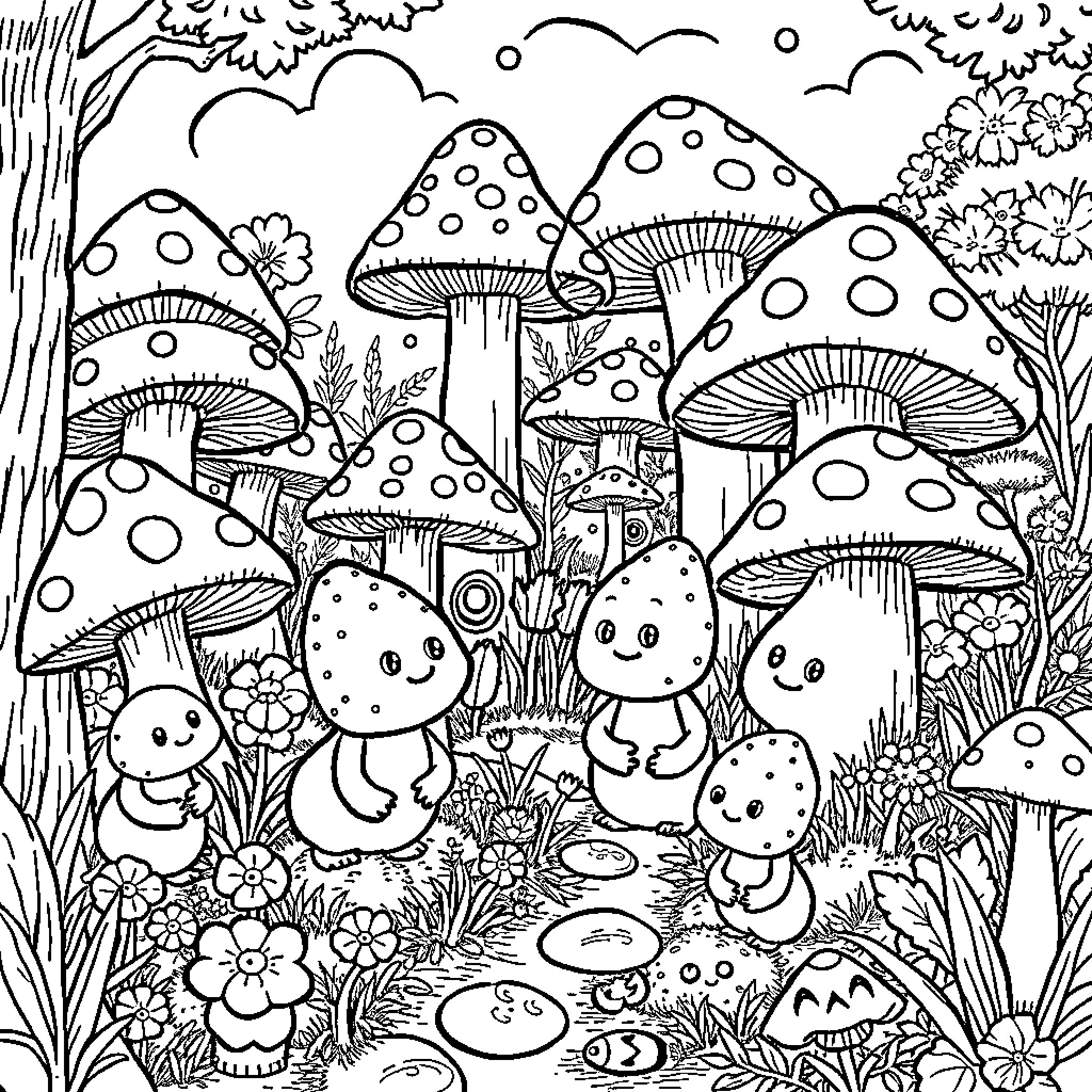 Smurf Mushroom Forest with Friendly Creatures Coloring Page (free black-and-white line drawing printable PDF for all, from beginners to advanced learners, including children, teens, adults, and seniors)