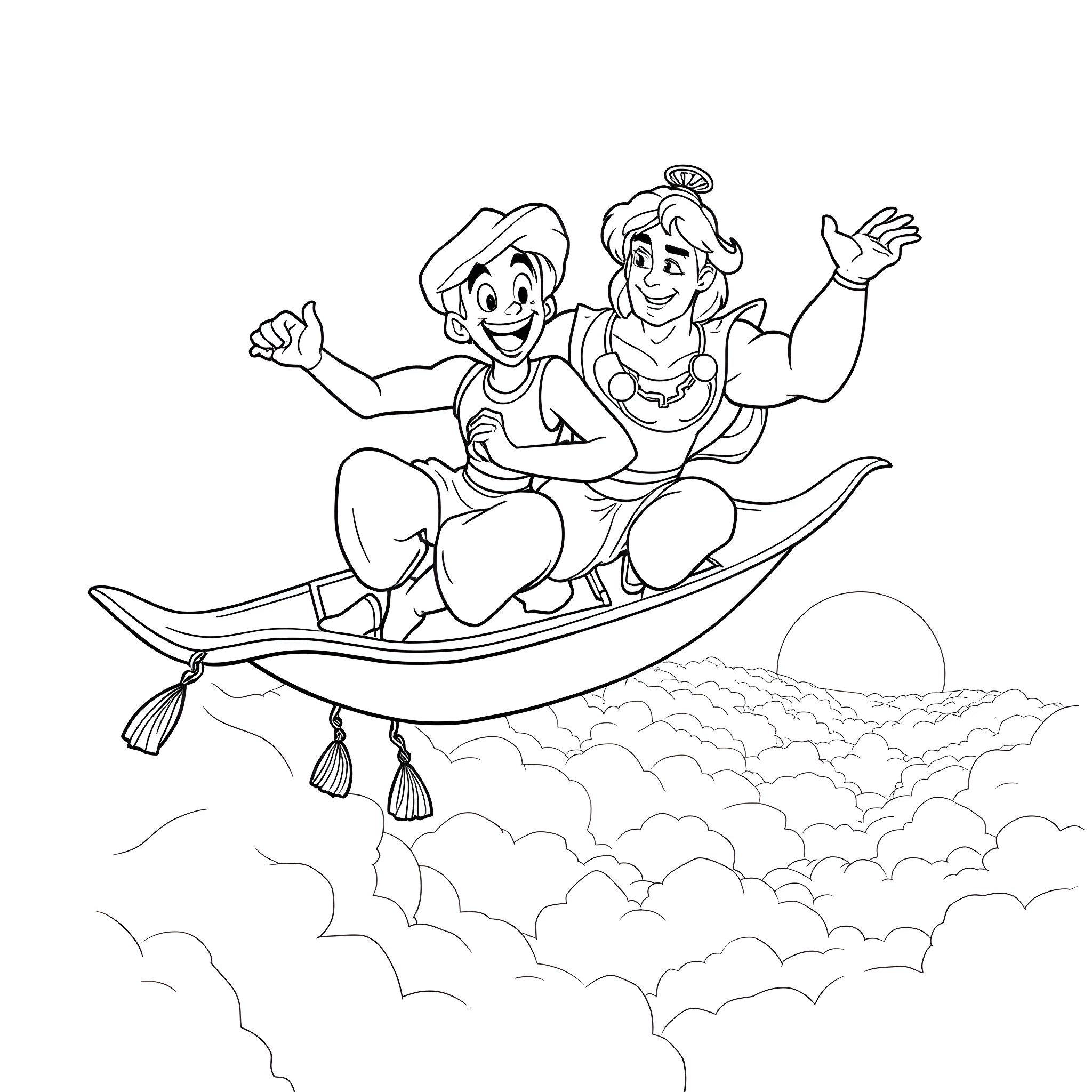 Aladdin and Jasmine flying on a magic carpet Coloring Page (free black-and-white line drawing printable PDF for all, from beginners to advanced learners, including children, teens, adults, and seniors)