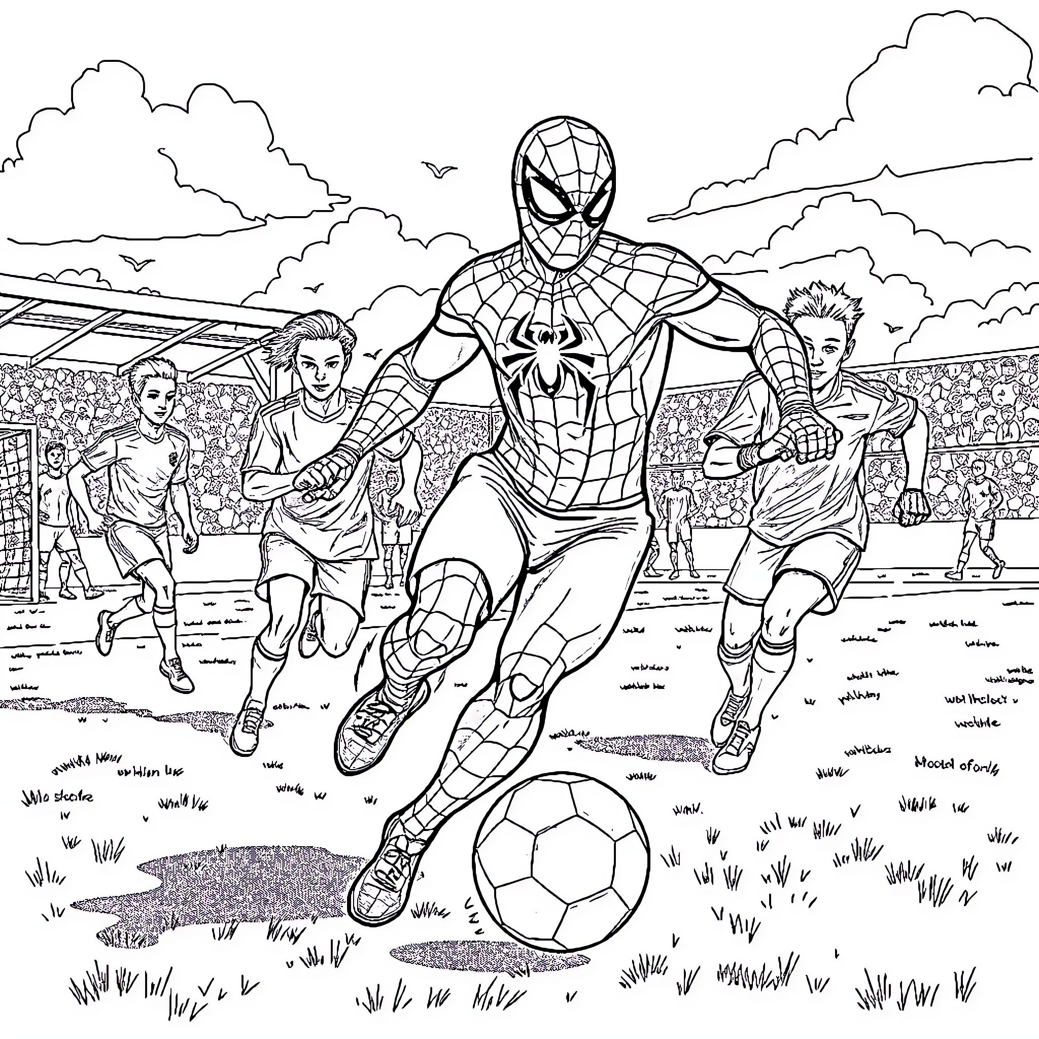 Spiderman playing soccer with friends on the field Coloring Page (free black-and-white line drawing printable PDF for all, from beginners to advanced learners, including children, teens, adults, and seniors)