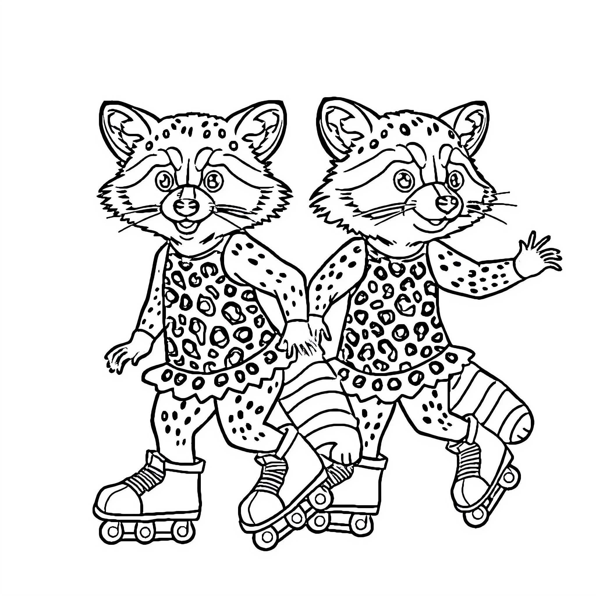 Raccoon friends rollerskating together Coloring Page (free black-and-white line drawing printable PDF for all, from beginners to advanced learners, including children, teens, adults, and seniors)