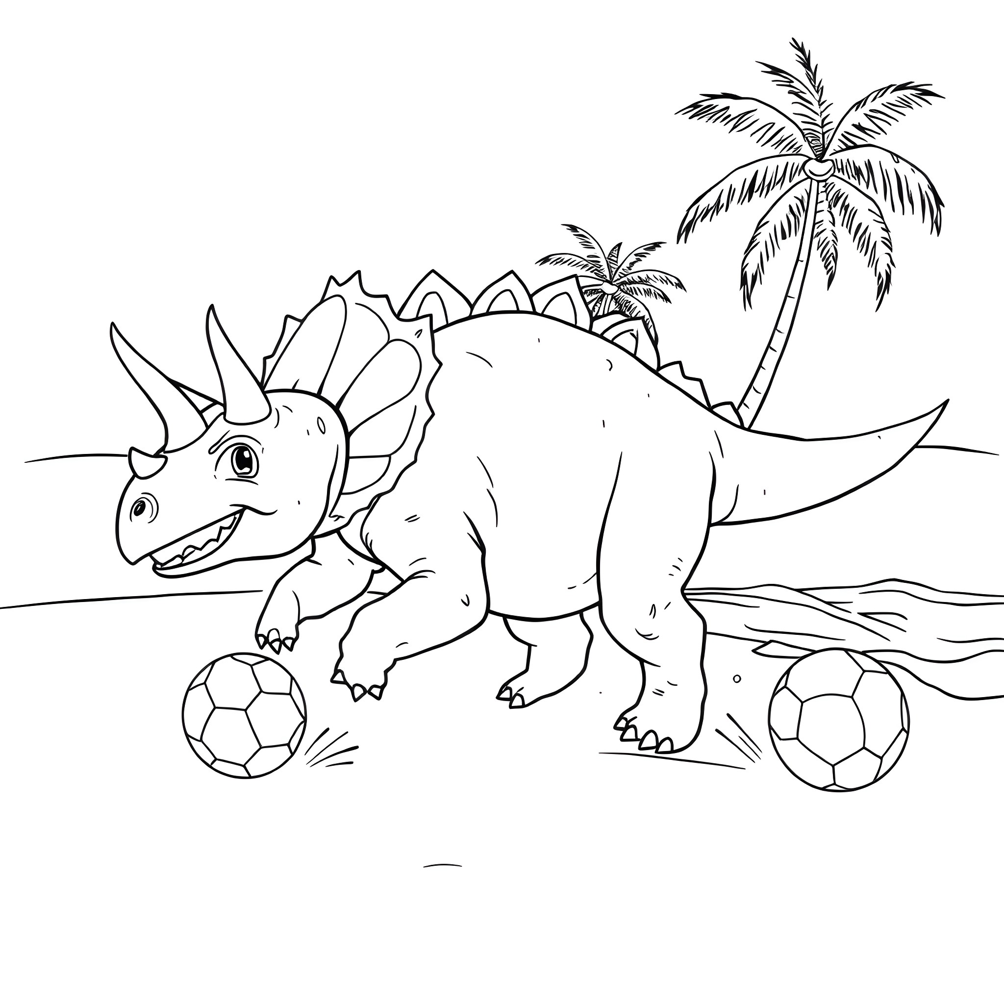 Triceratops playing with soccer balls on a tropical island Coloring Page (free black-and-white line drawing printable PDF for all, from beginners to advanced learners, including children, teens, adults, and seniors)