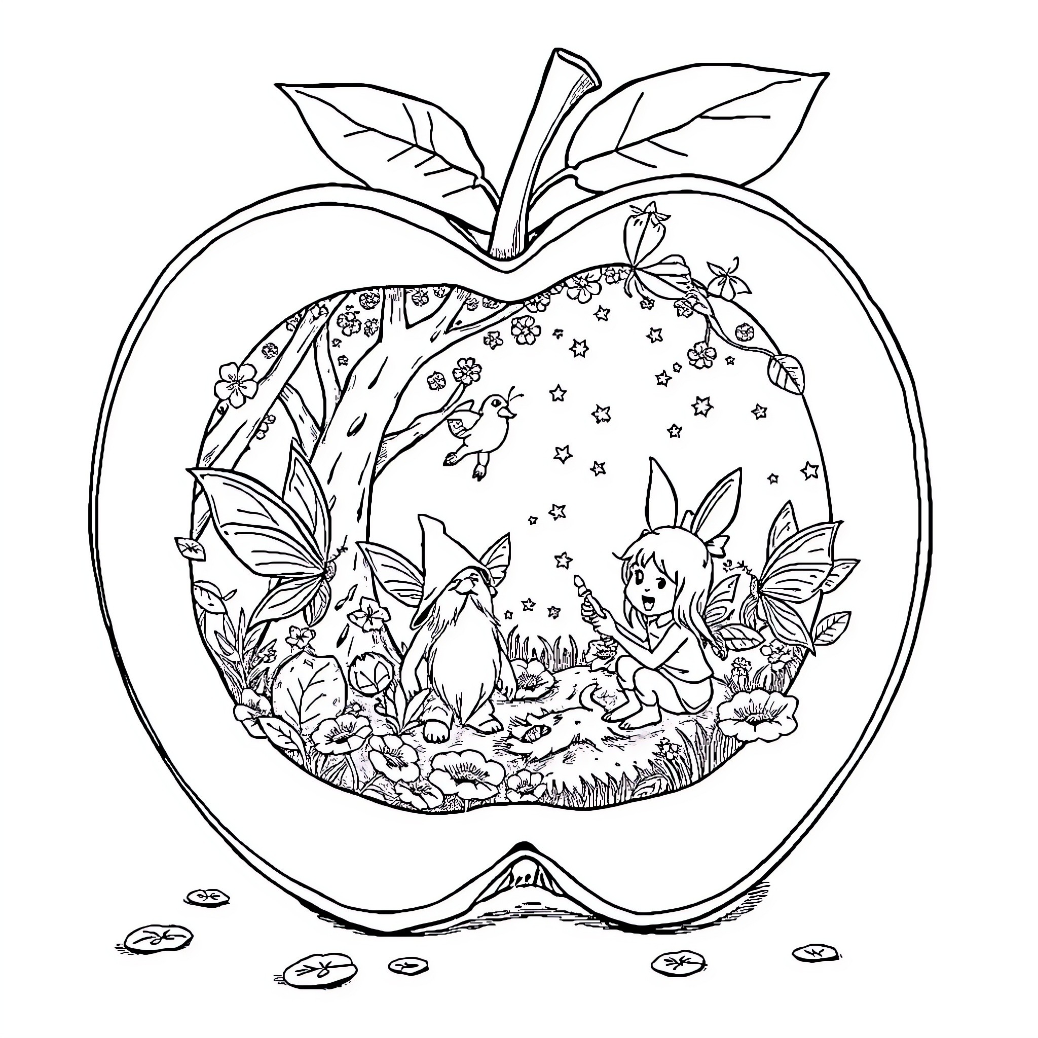 Pixie Fairytale Adventure in the Apple Coloring Page (free black-and-white line drawing printable PDF for all, from beginners to advanced learners, including children, teens, adults, and seniors)