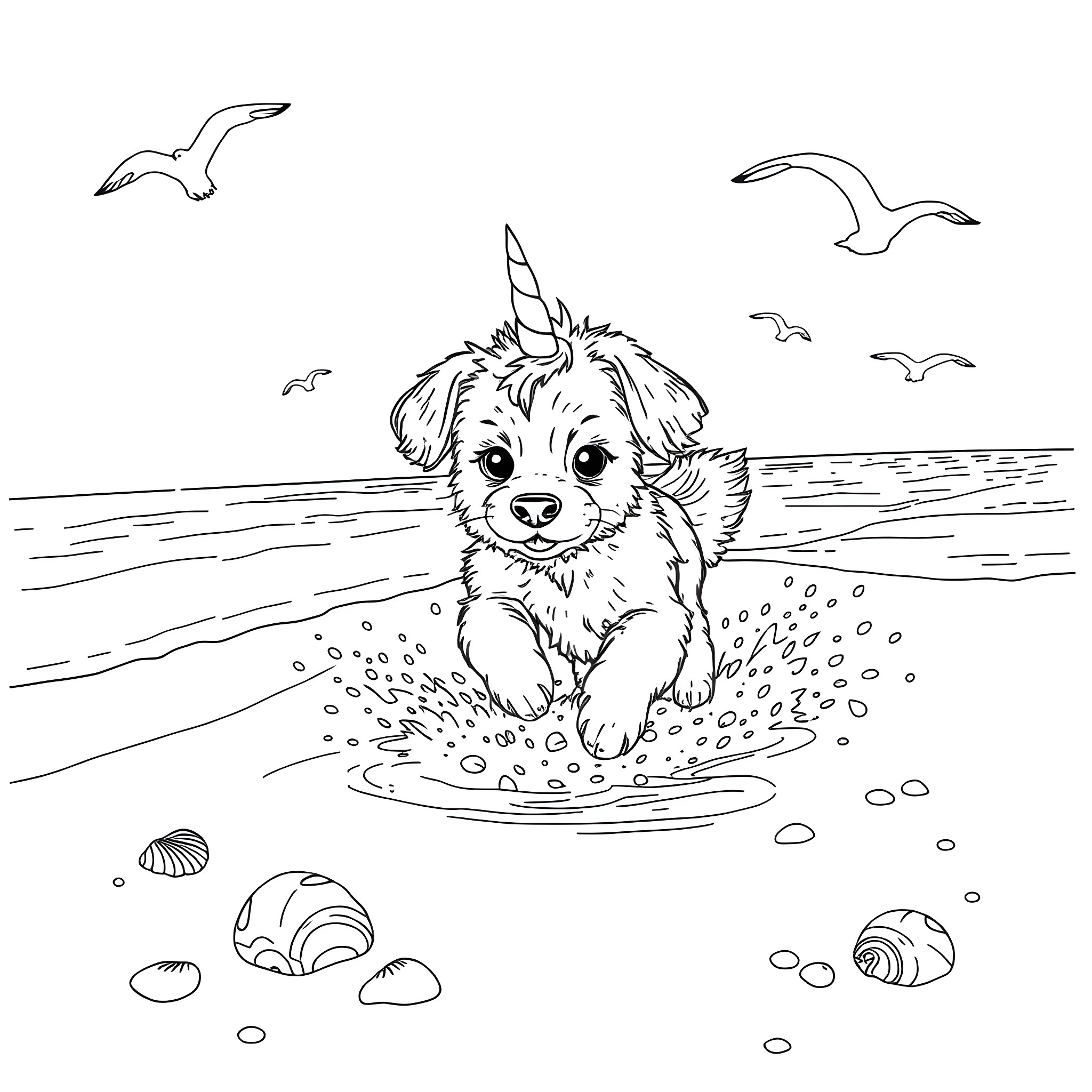Puppy splashing in the beach waves Coloring Page (free black-and-white line drawing printable PDF for all, from beginners to advanced learners, including children, teens, adults, and seniors)