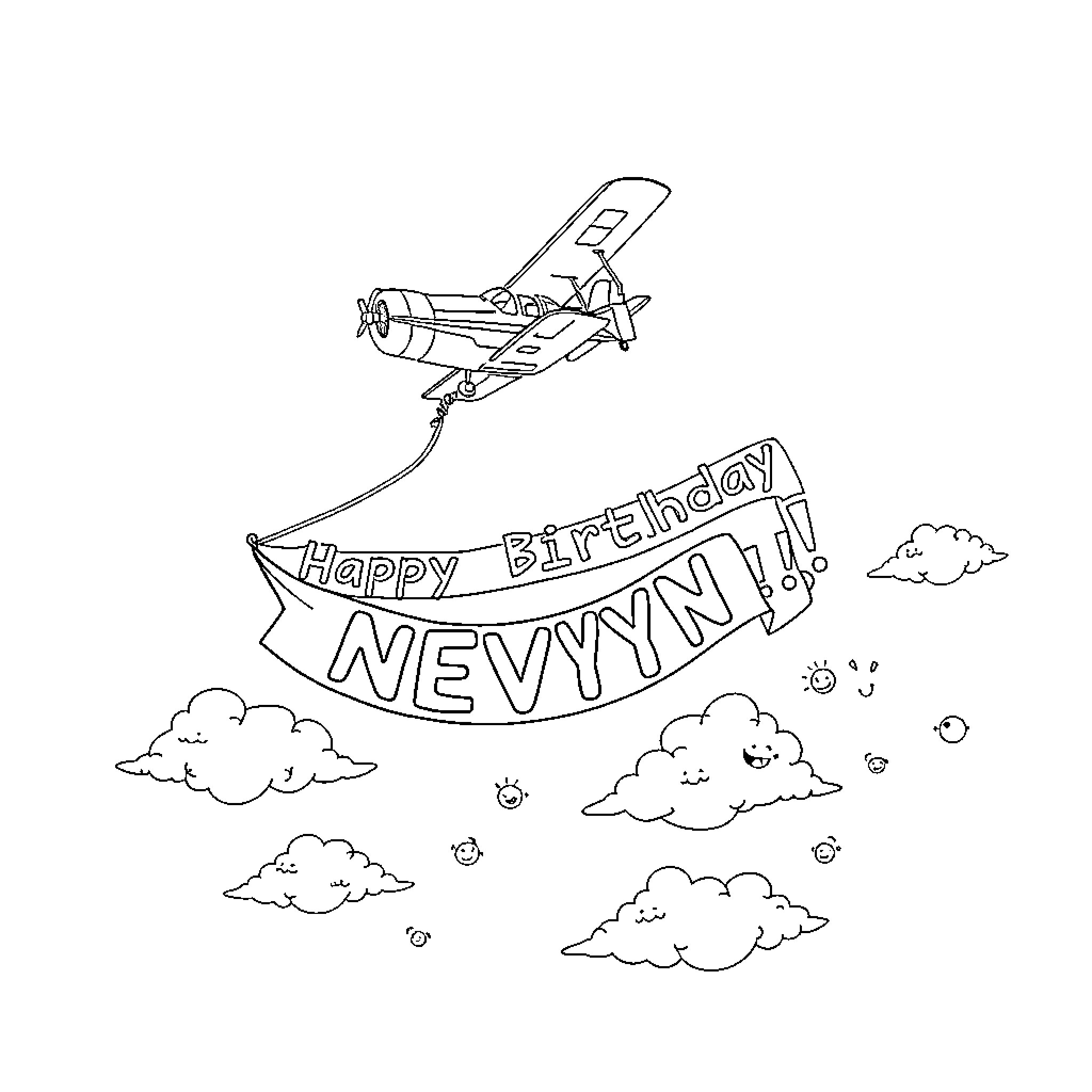 Biplane delivering a happy birthday banner Coloring Page (free black-and-white line drawing printable PDF for all, from beginners to advanced learners, including children, teens, adults, and seniors)
