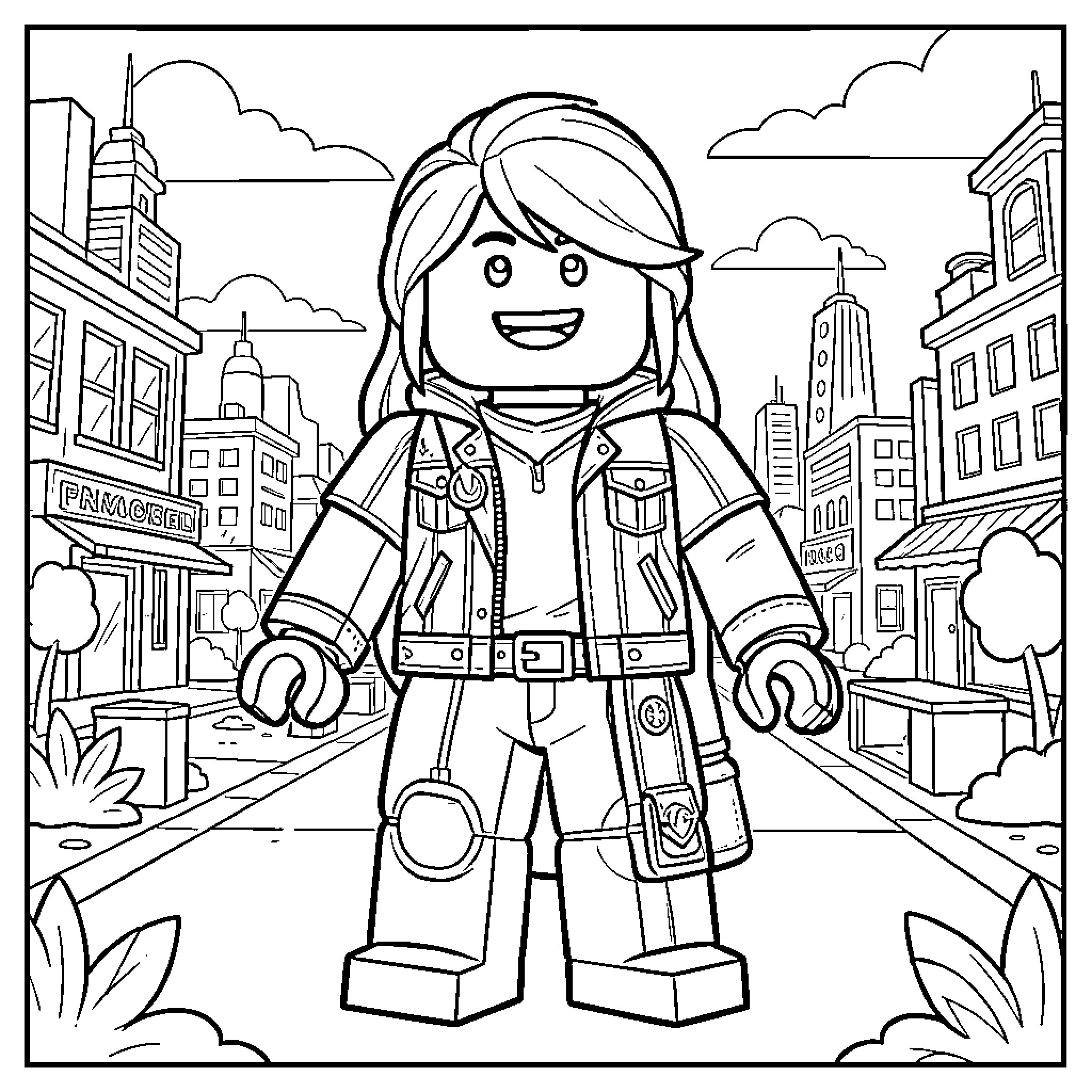 Sami smiling in a city street wearing a jacket Coloring Page (free black-and-white line drawing printable PDF for all, from beginners to advanced learners, including children, teens, adults, and seniors)