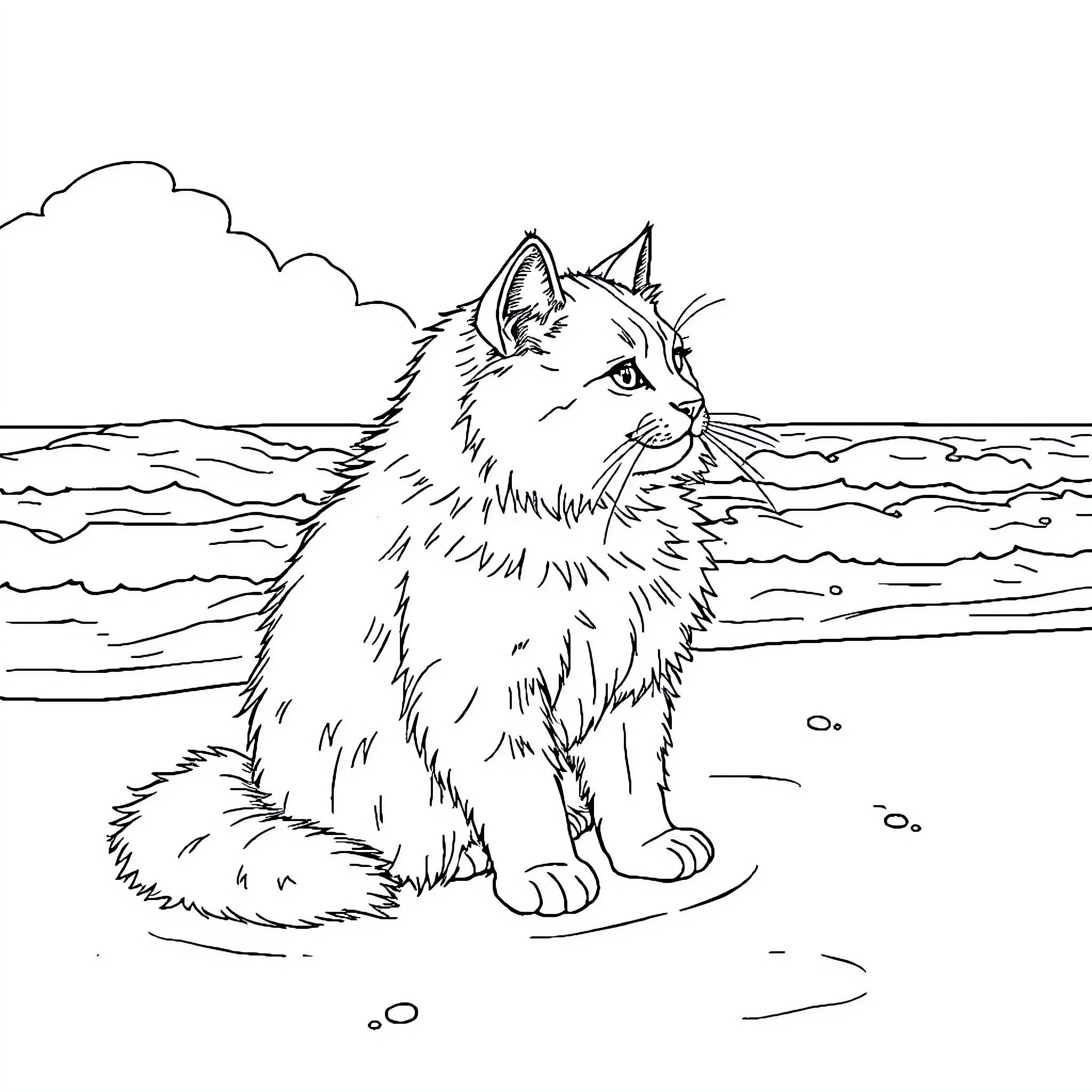 Cat sitting by the beach Coloring Page (free black-and-white line drawing printable PDF for all, from beginners to advanced learners, including children, teens, adults, and seniors)