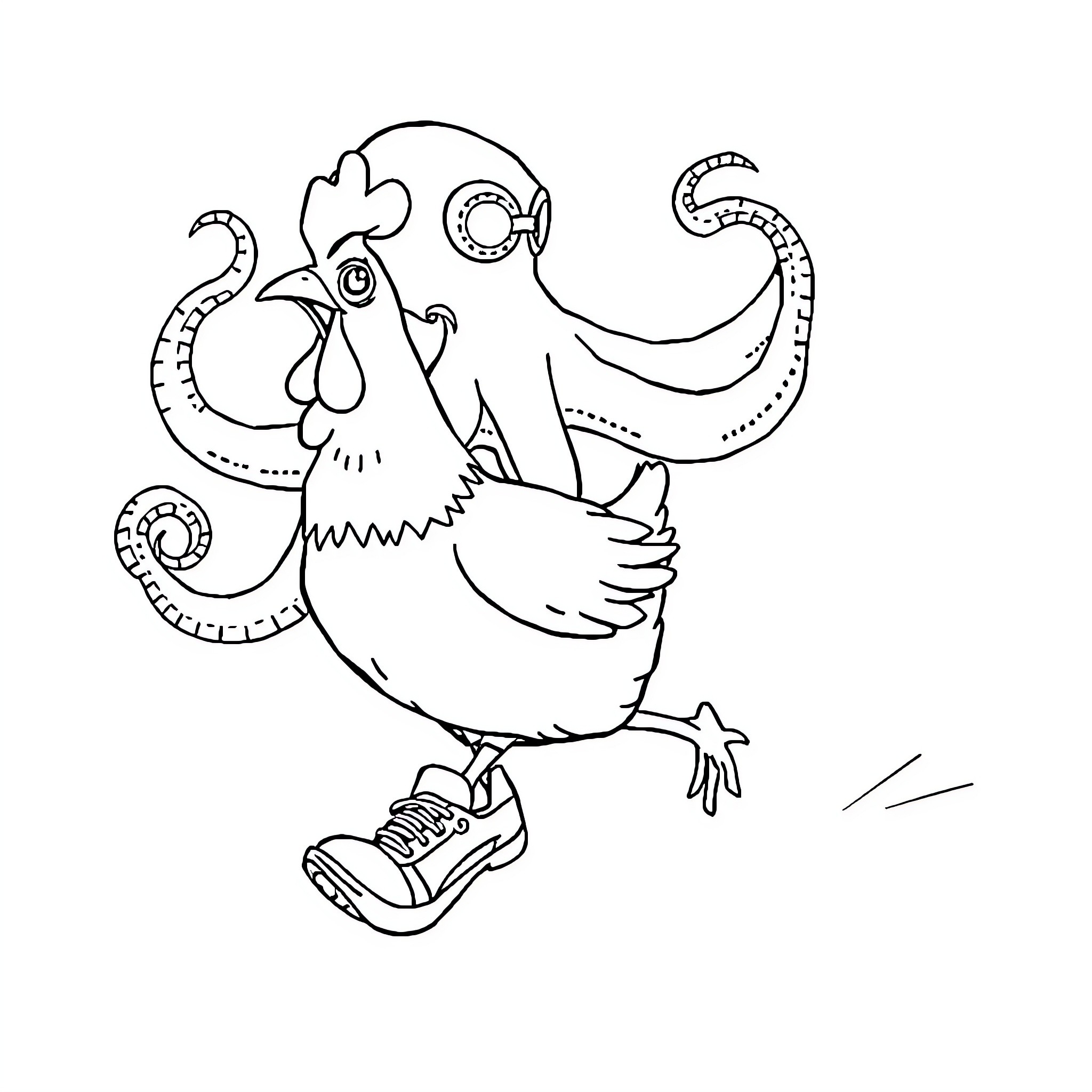 Chicken running with sneakers Coloring Page (free black-and-white line drawing printable PDF for all, from beginners to advanced learners, including children, teens, adults, and seniors)