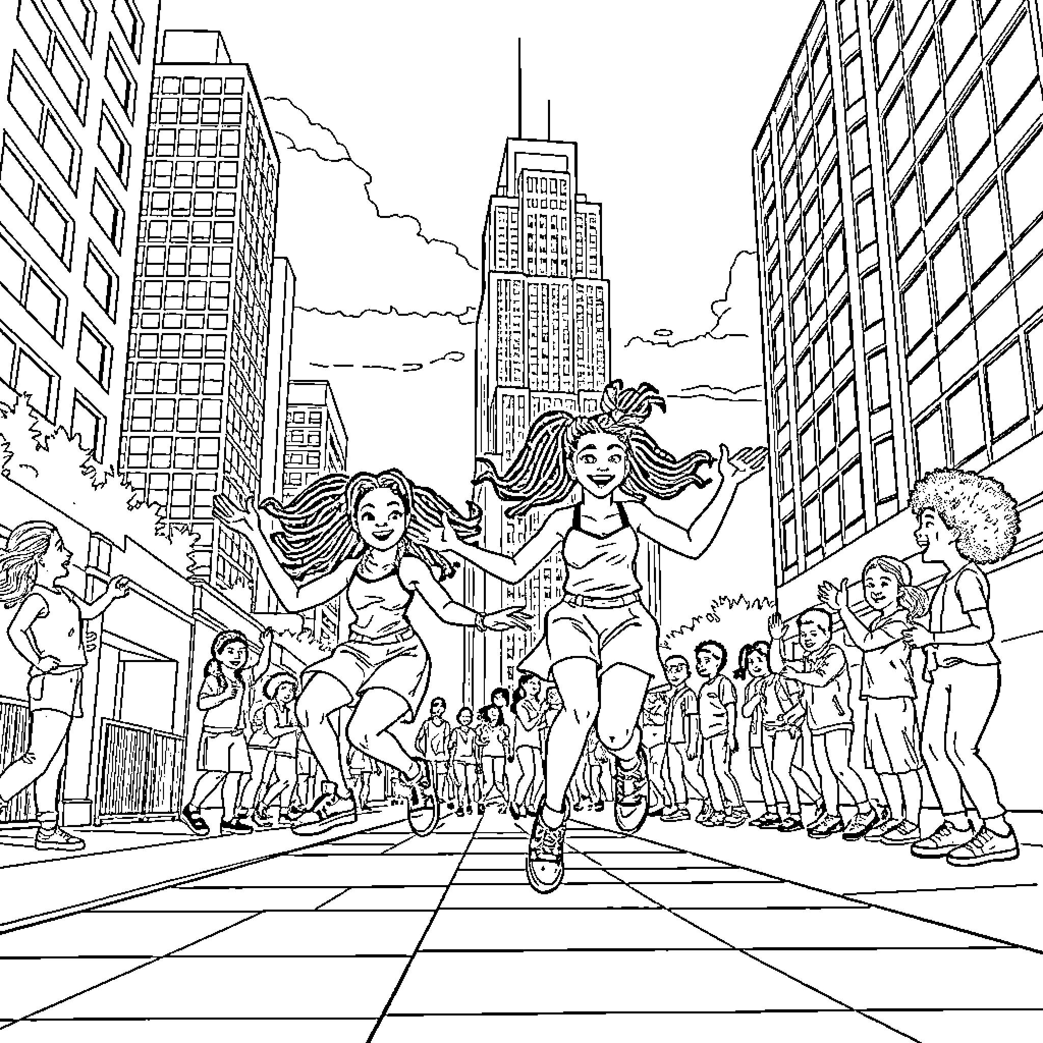 Girls dancing joyfully on city streets Coloring Page (free black-and-white line drawing printable PDF for all, from beginners to advanced learners, including children, teens, adults, and seniors)