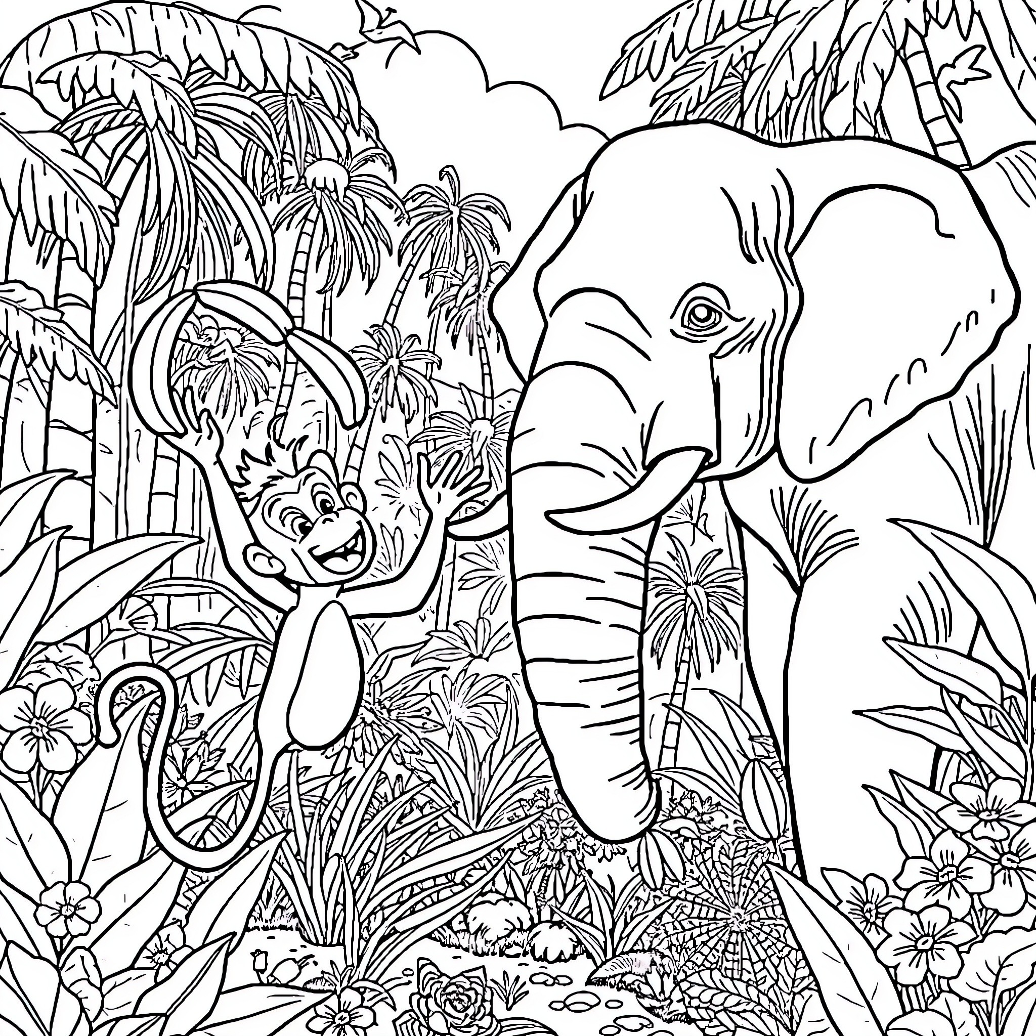 Monkey and elephant exploring the tropical jungle Coloring Page (free black-and-white line drawing printable PDF for all, from beginners to advanced learners, including children, teens, adults, and seniors)