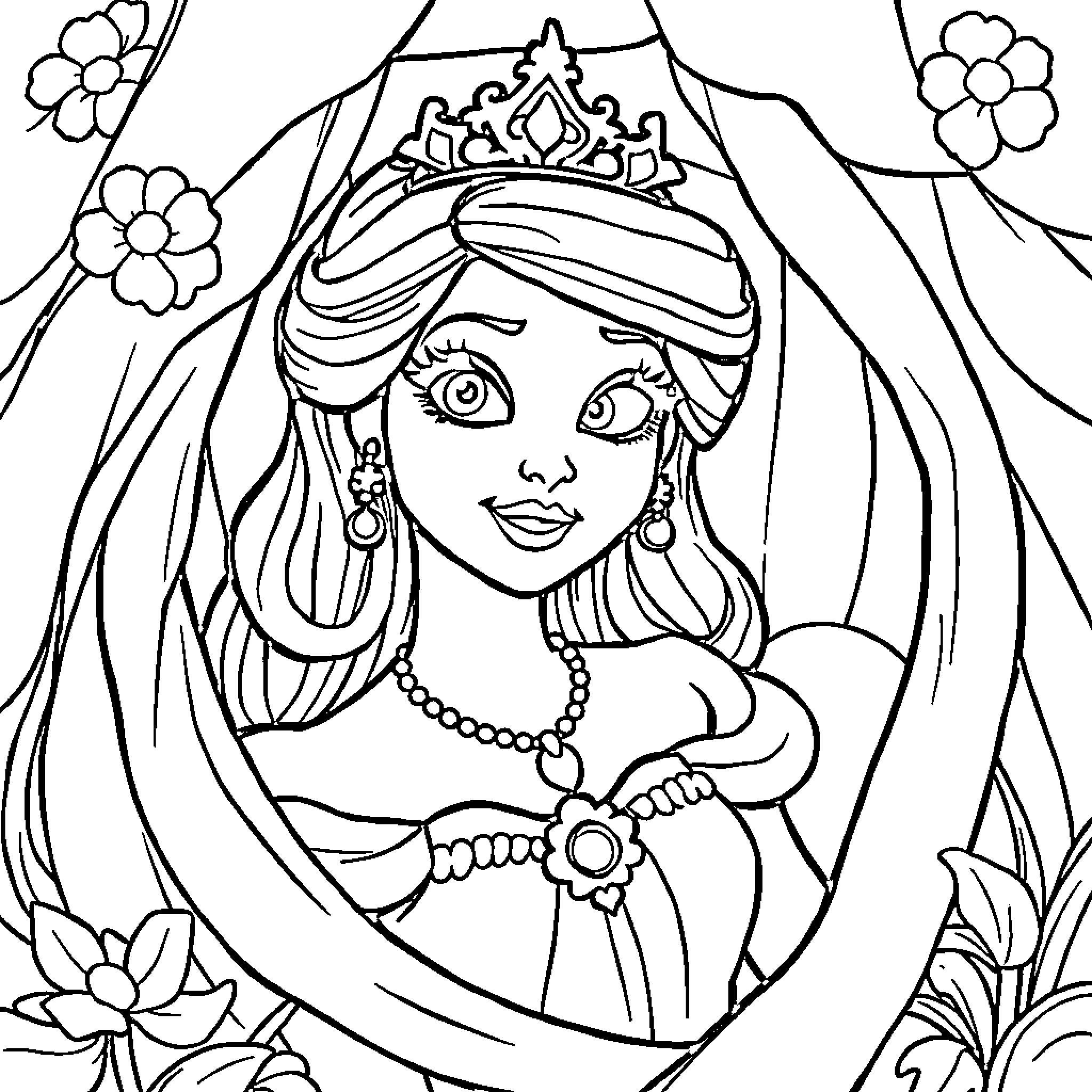 Princess with beautiful crown and flowers Coloring Page (free black-and-white line drawing printable PDF for all, from beginners to advanced learners, including children, teens, adults, and seniors)