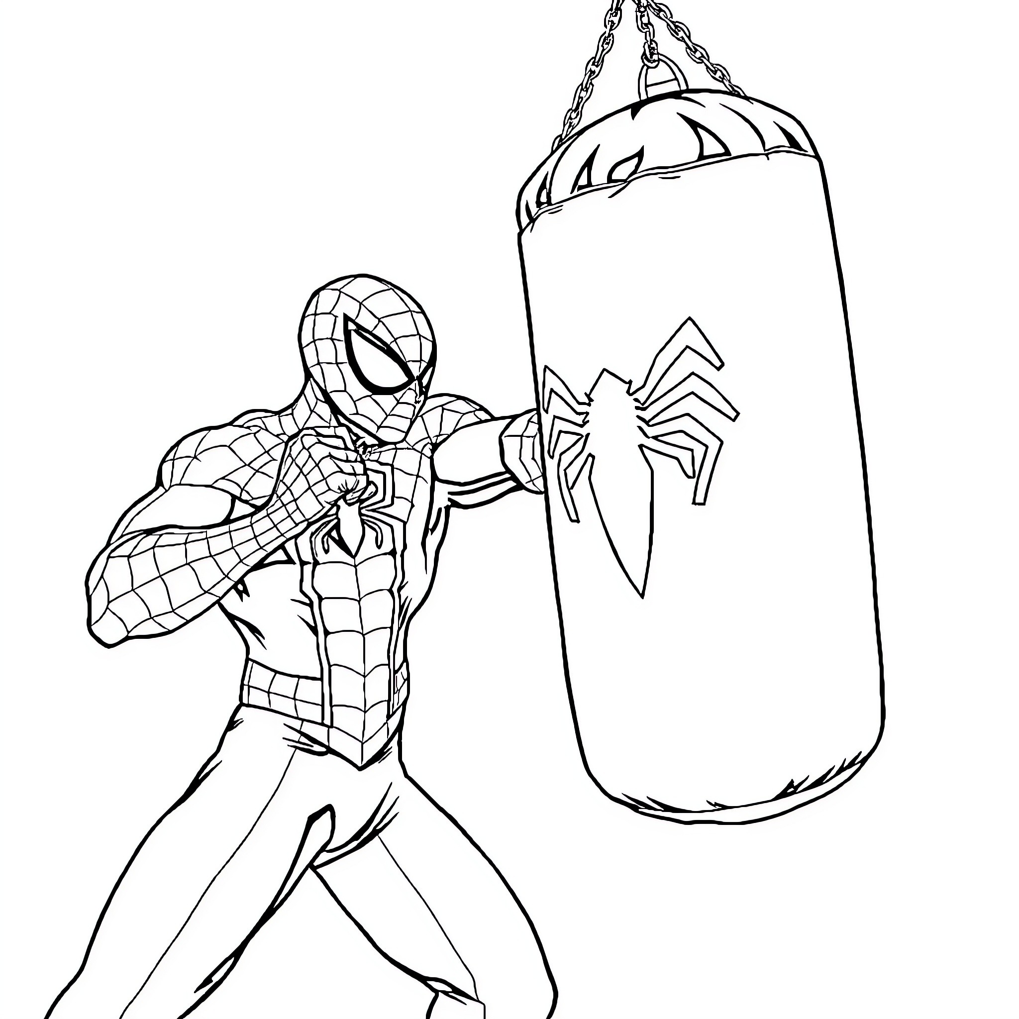 Spiderman punching a punching bag Coloring Page (free black-and-white line drawing printable PDF for all, from beginners to advanced learners, including children, teens, adults, and seniors)