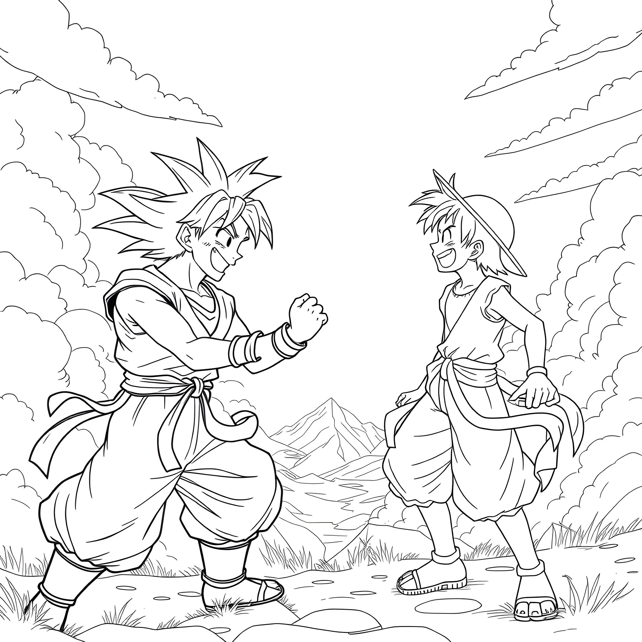 Goku and Vegeta in epic battle against the backdrop Coloring Page (free black-and-white line drawing printable PDF for all, from beginners to advanced learners, including children, teens, adults, and seniors)