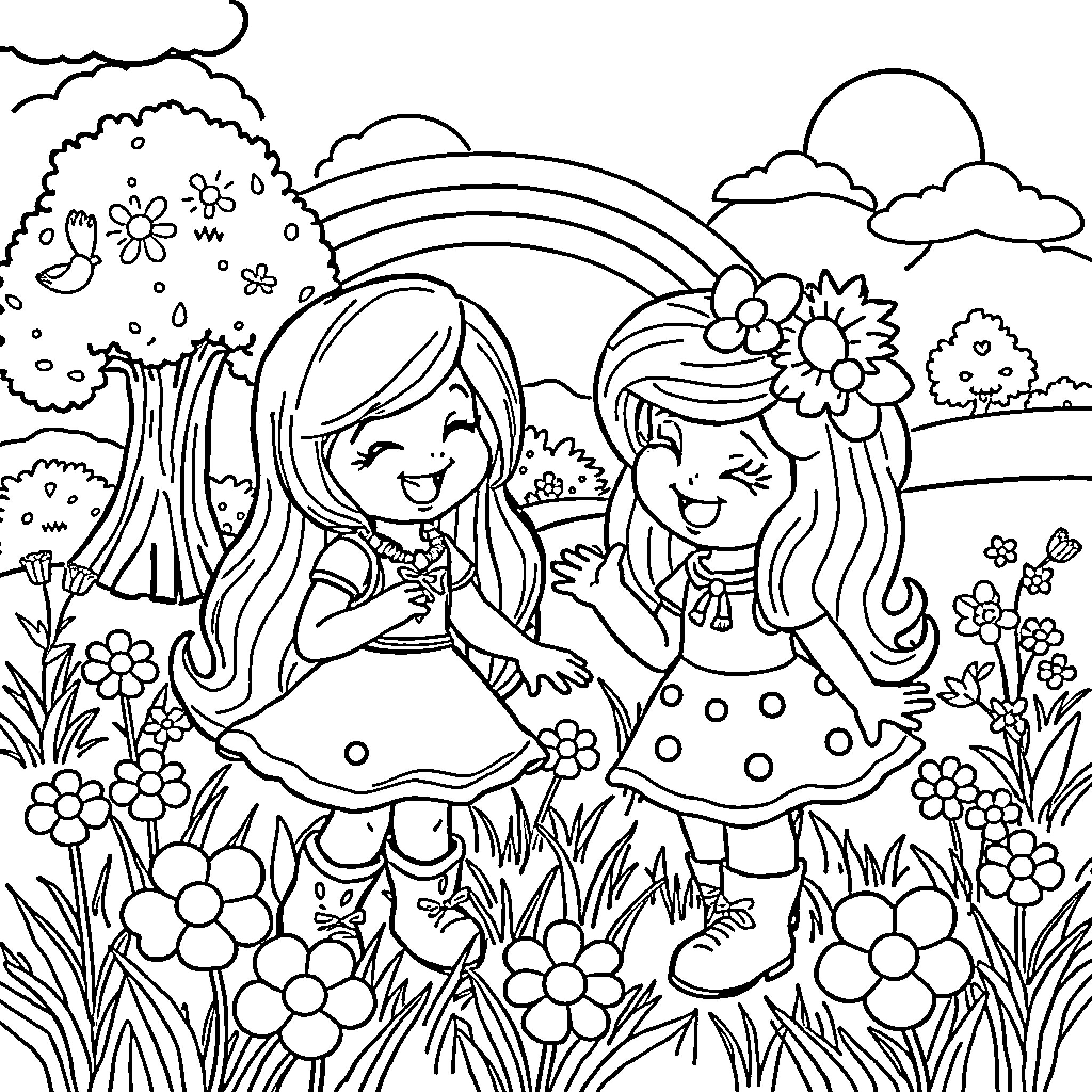 Rainbow Brite girls having fun in a flowery meadow Coloring Page (free black-and-white line drawing printable PDF for all, from beginners to advanced learners, including children, teens, adults, and seniors)