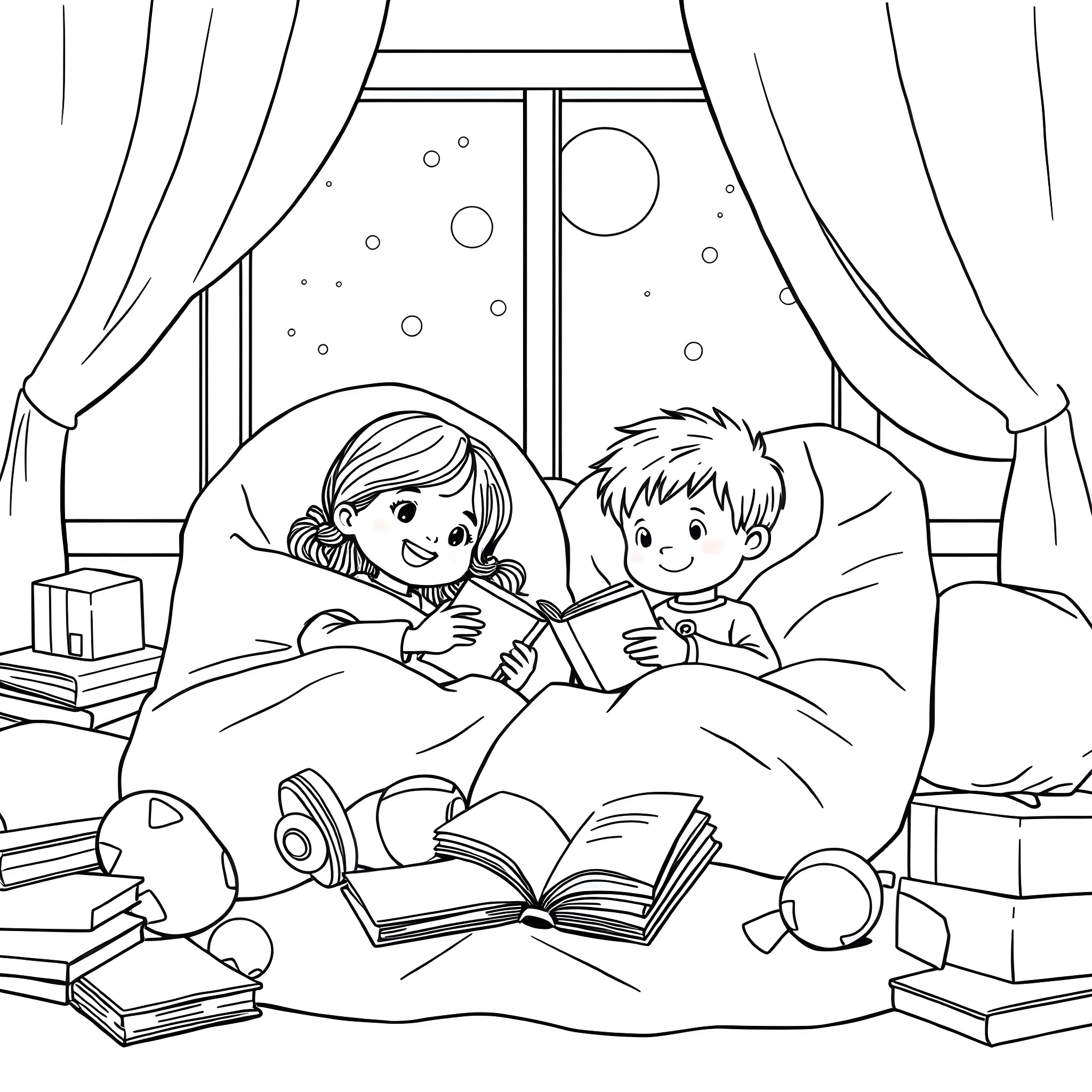 Kid reading books together with friend in bedroom Coloring Page (free black-and-white line drawing printable PDF for all, from beginners to advanced learners, including children, teens, adults, and seniors)