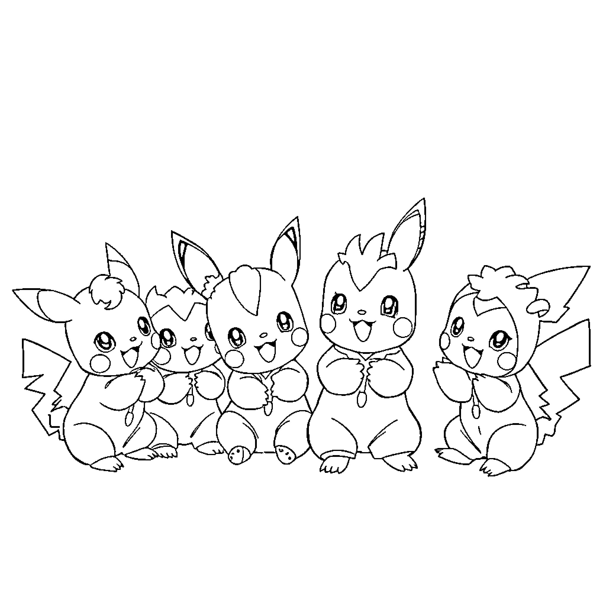 Pokémon characters in a cheerful group pose Coloring Page (free black-and-white line drawing printable PDF for all, from beginners to advanced learners, including children, teens, adults, and seniors)