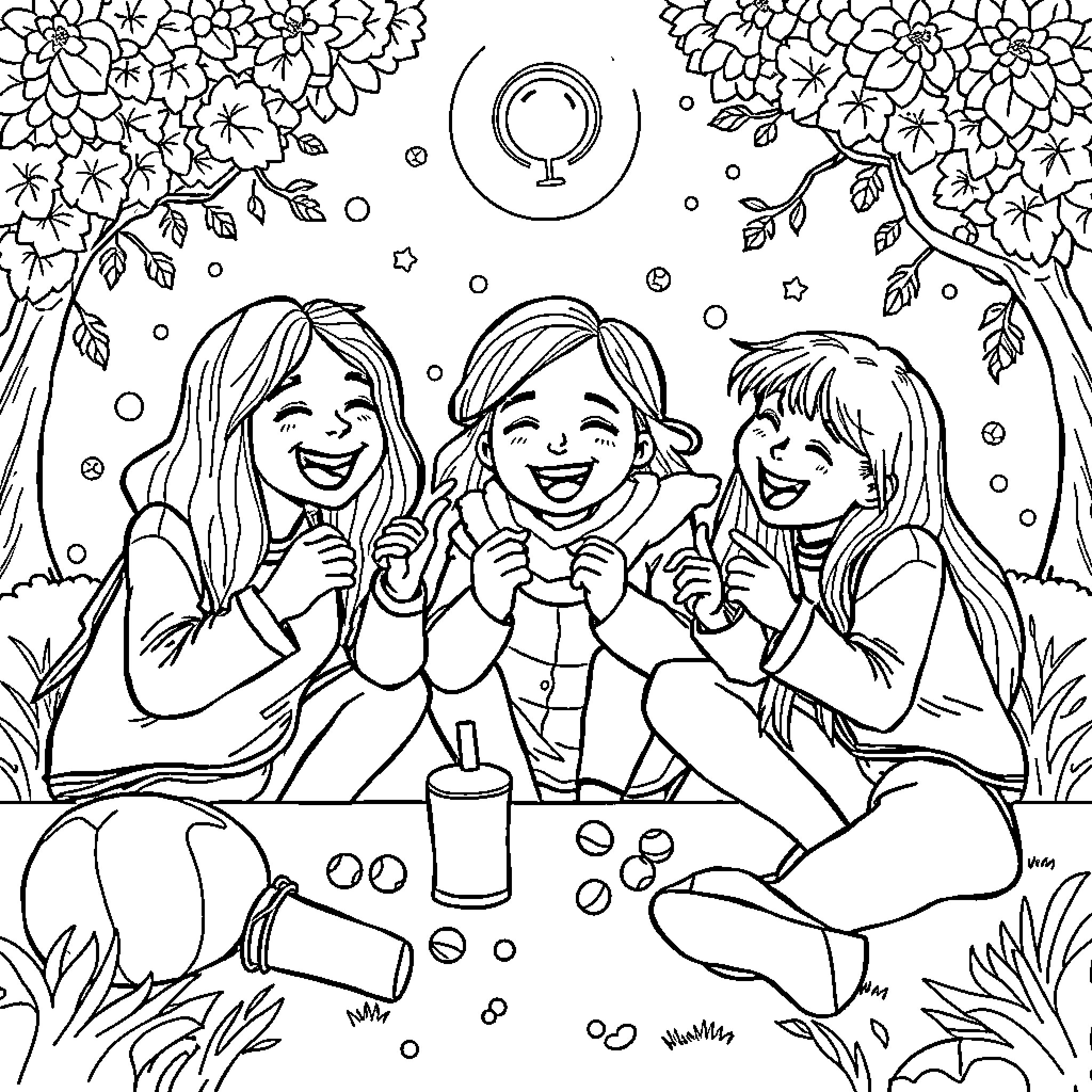 Fun Celebration with Friends in Nature Coloring Page (free black-and-white line drawing printable PDF for all, from beginners to advanced learners, including children, teens, adults, and seniors)